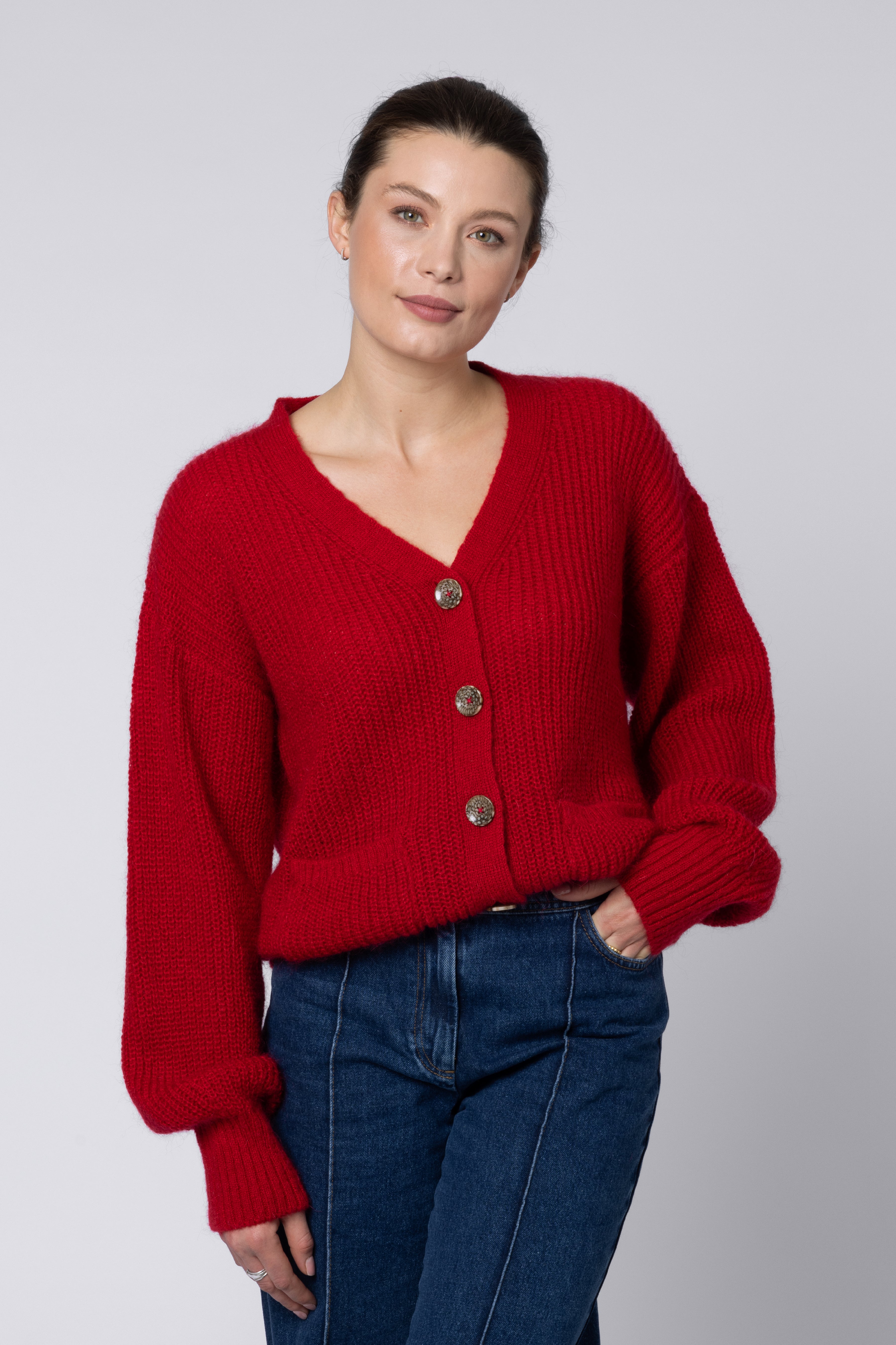 women's red long pocket cardigans ELLEN LOVES 11LOVES