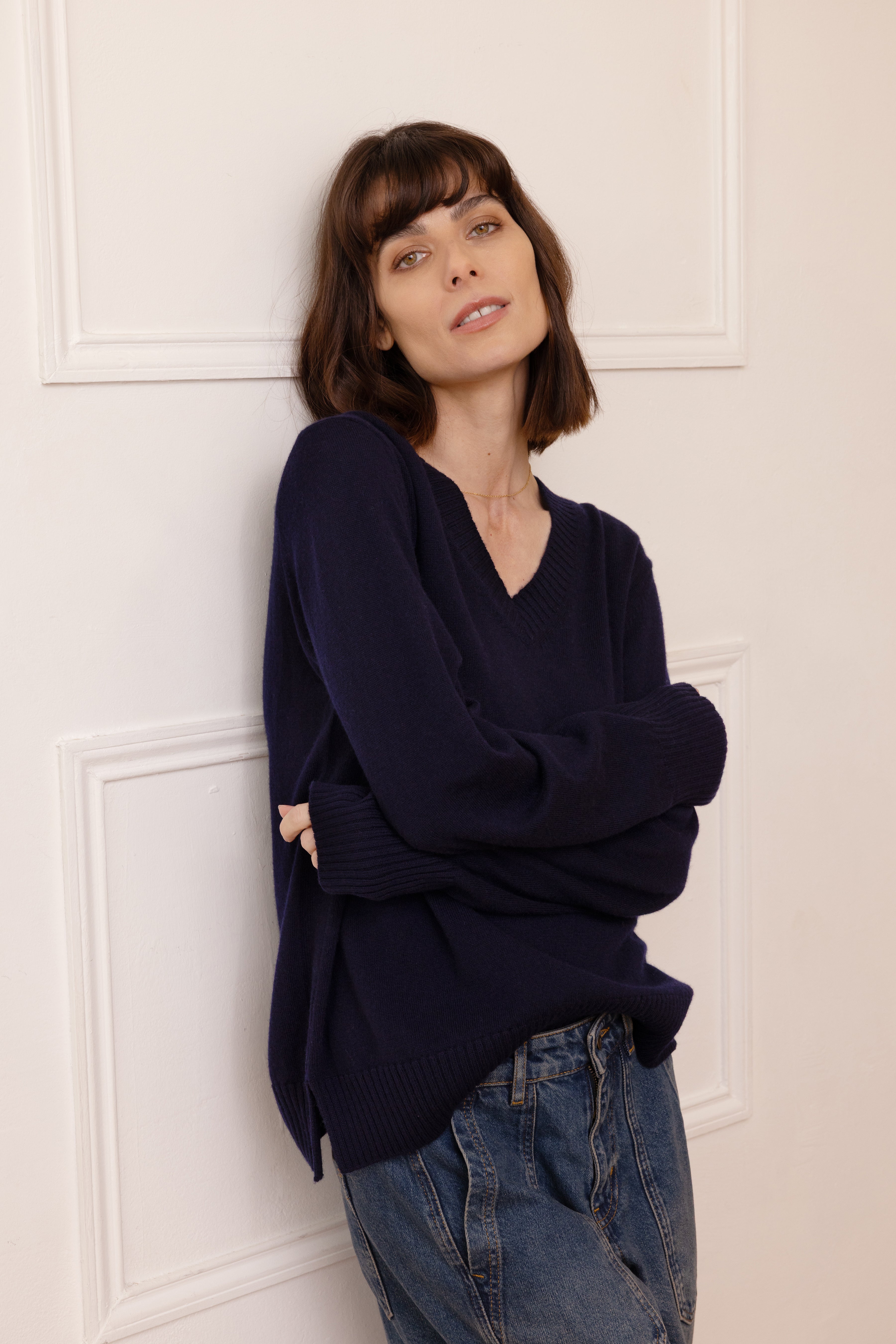 Nian navy V neck cashmere blend jumper by Eleven Loves