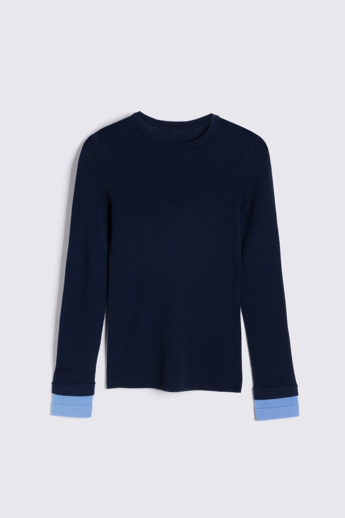 Navy jumper for women, the Trinny fine merino crewneck with a sky blue contrast cuff