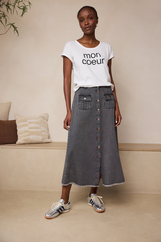 Bina Button Front Denim Skirt (Washed Black)