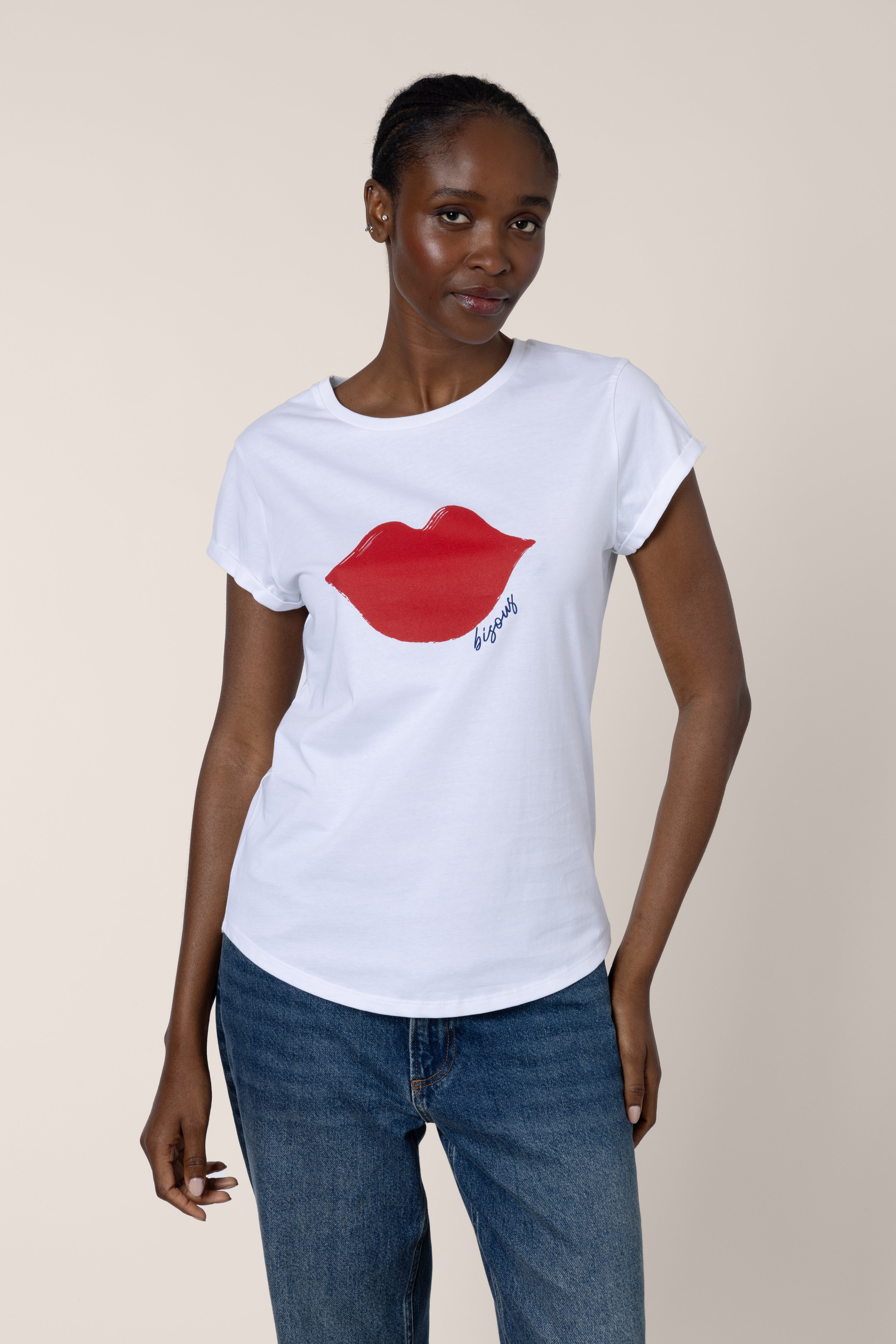 Bisous Lips Neat Fit T-Shirt - White