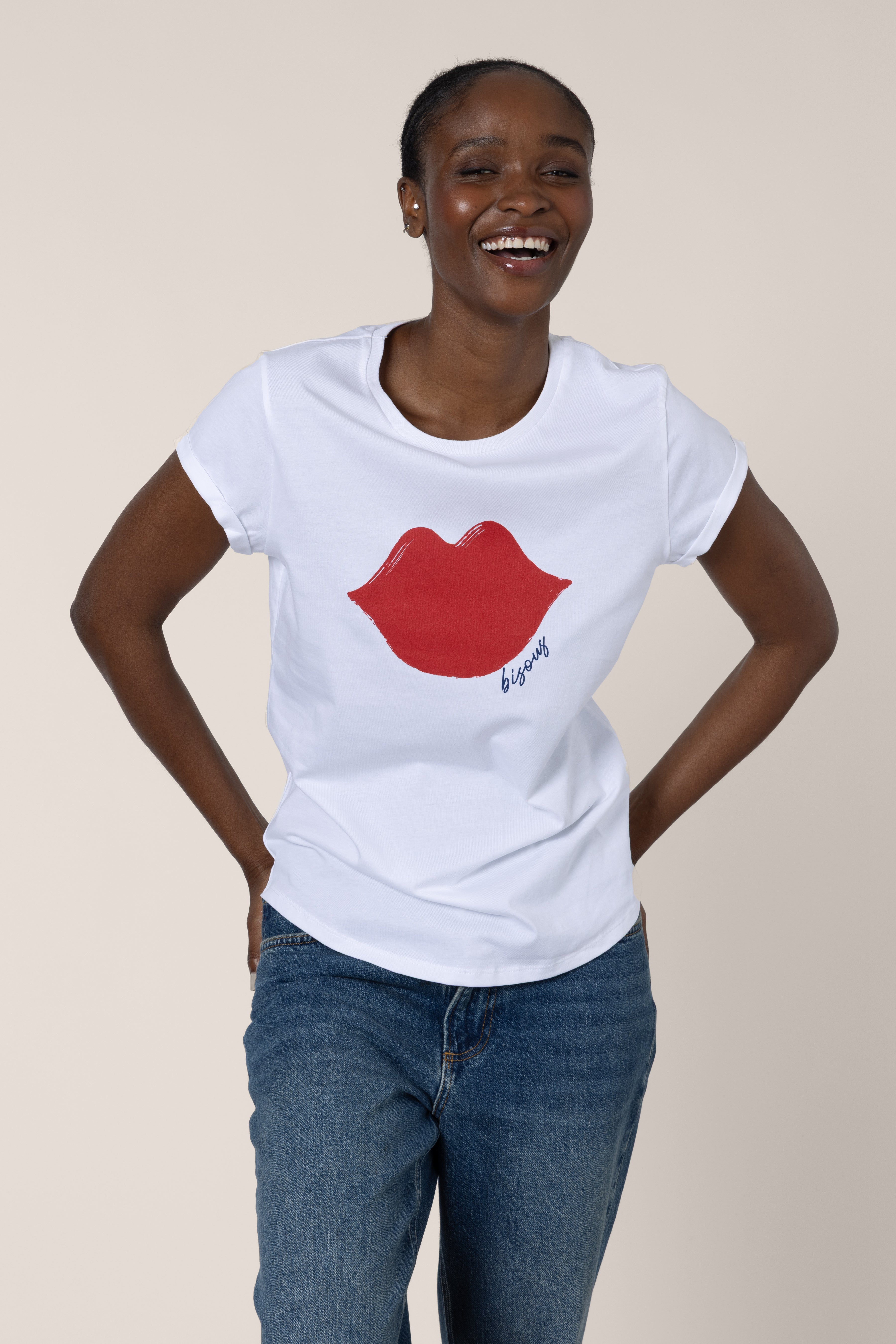 Bisous Lips Neat Fit T-Shirt - White