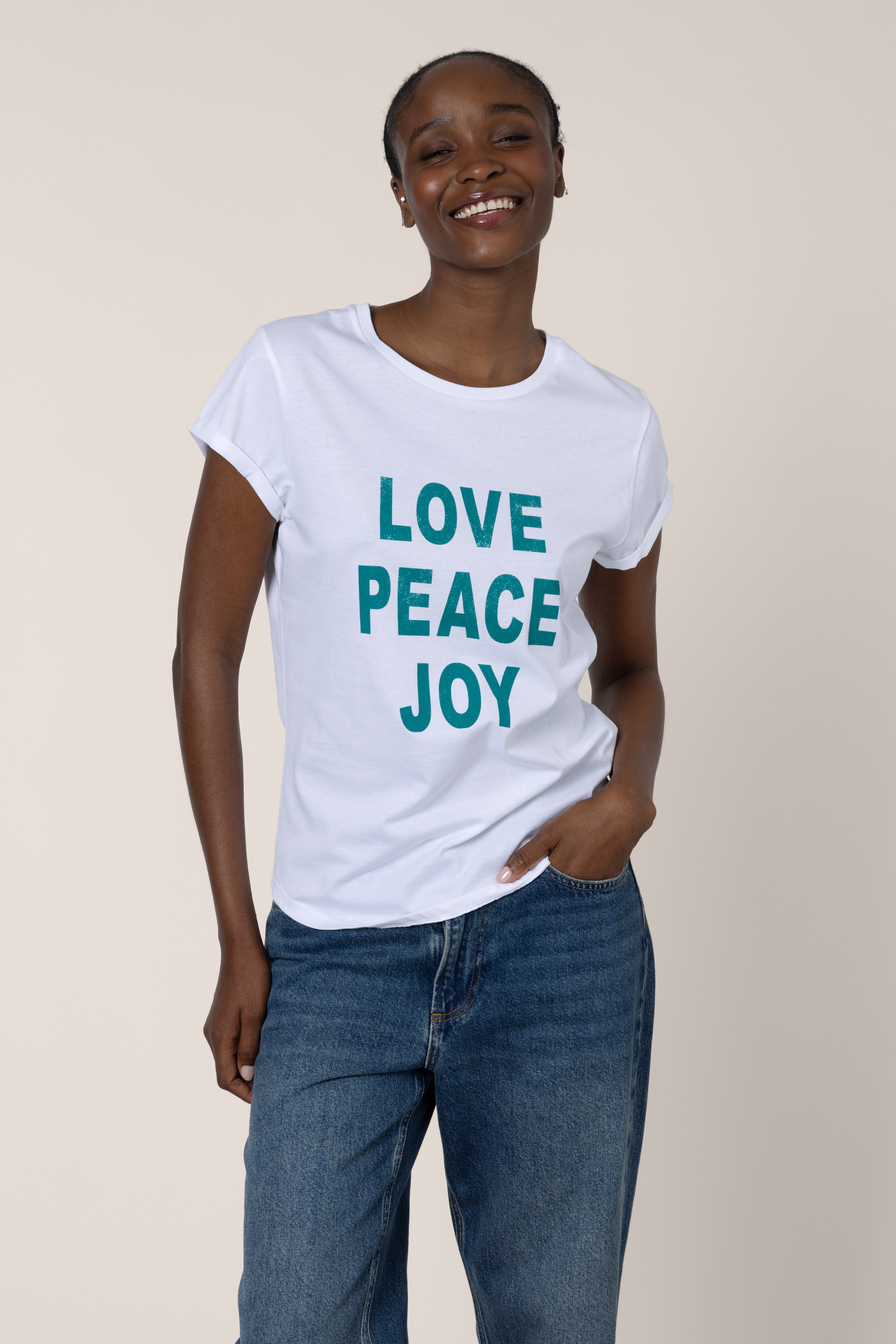Love Peace Joy Neat Fit T-Shirt - White (supporting Give Your Best)