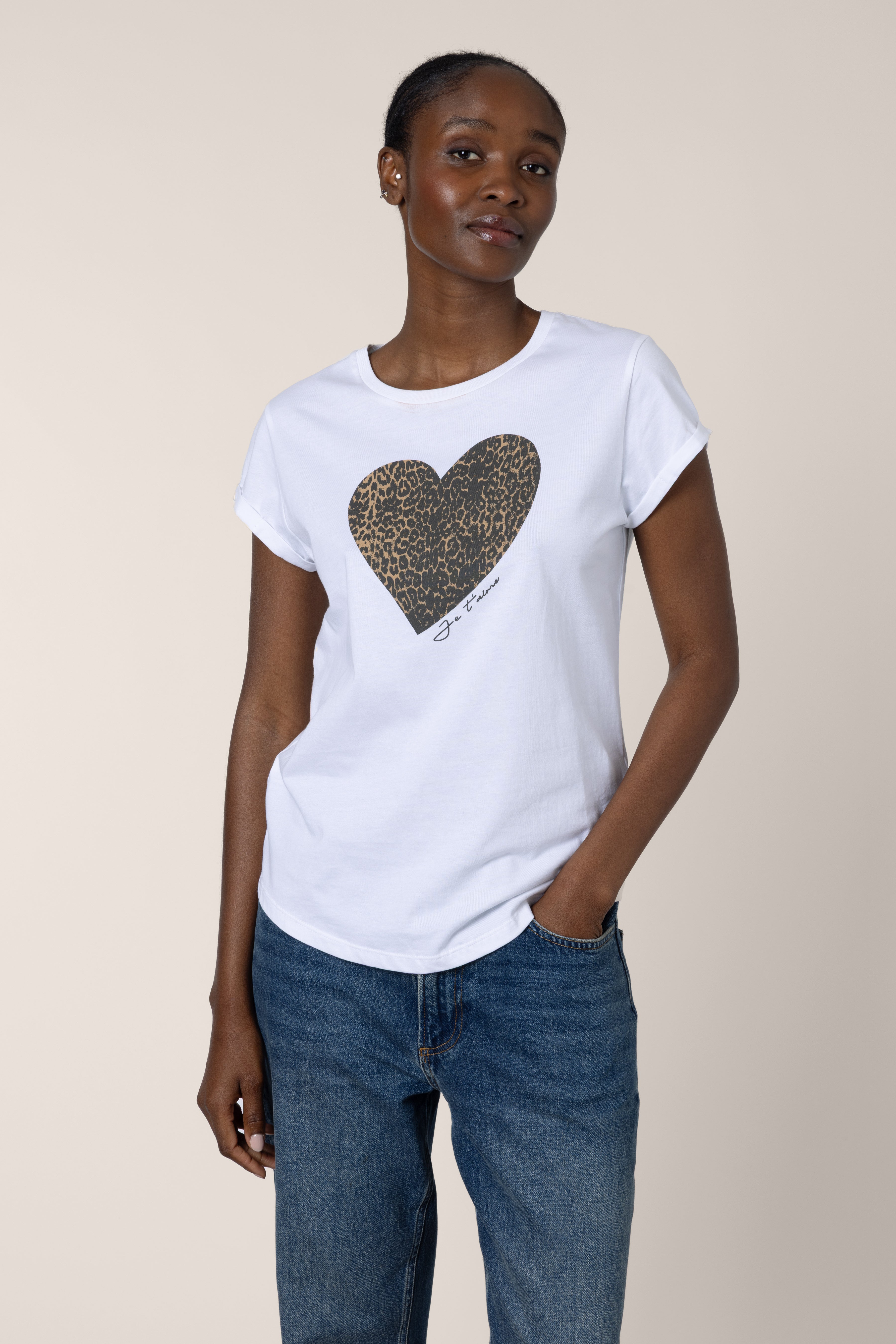 Leopard Heart Neat-Fit T-Shirt - White