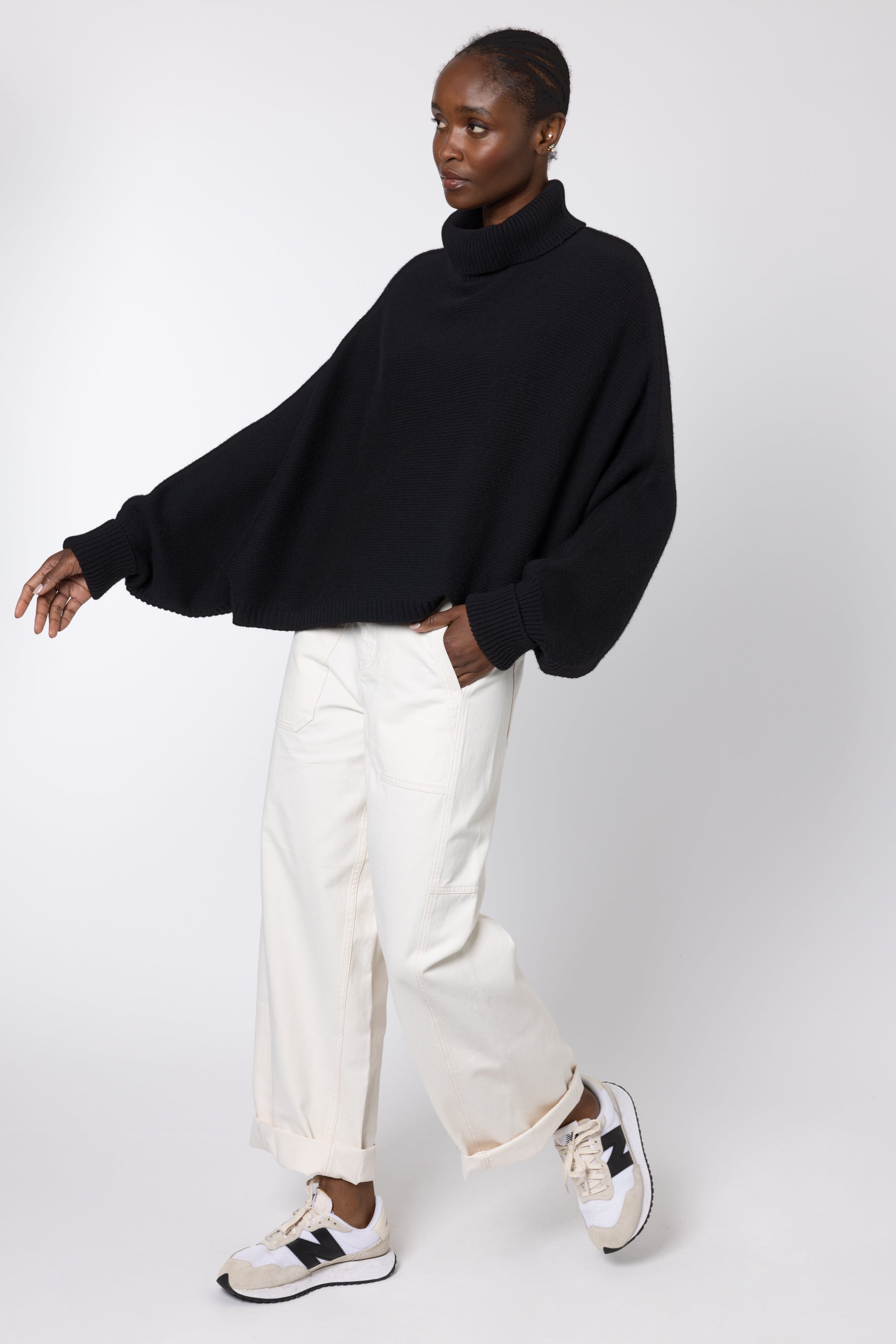 Paris Roll Neck Poncho with Cashmere - Black