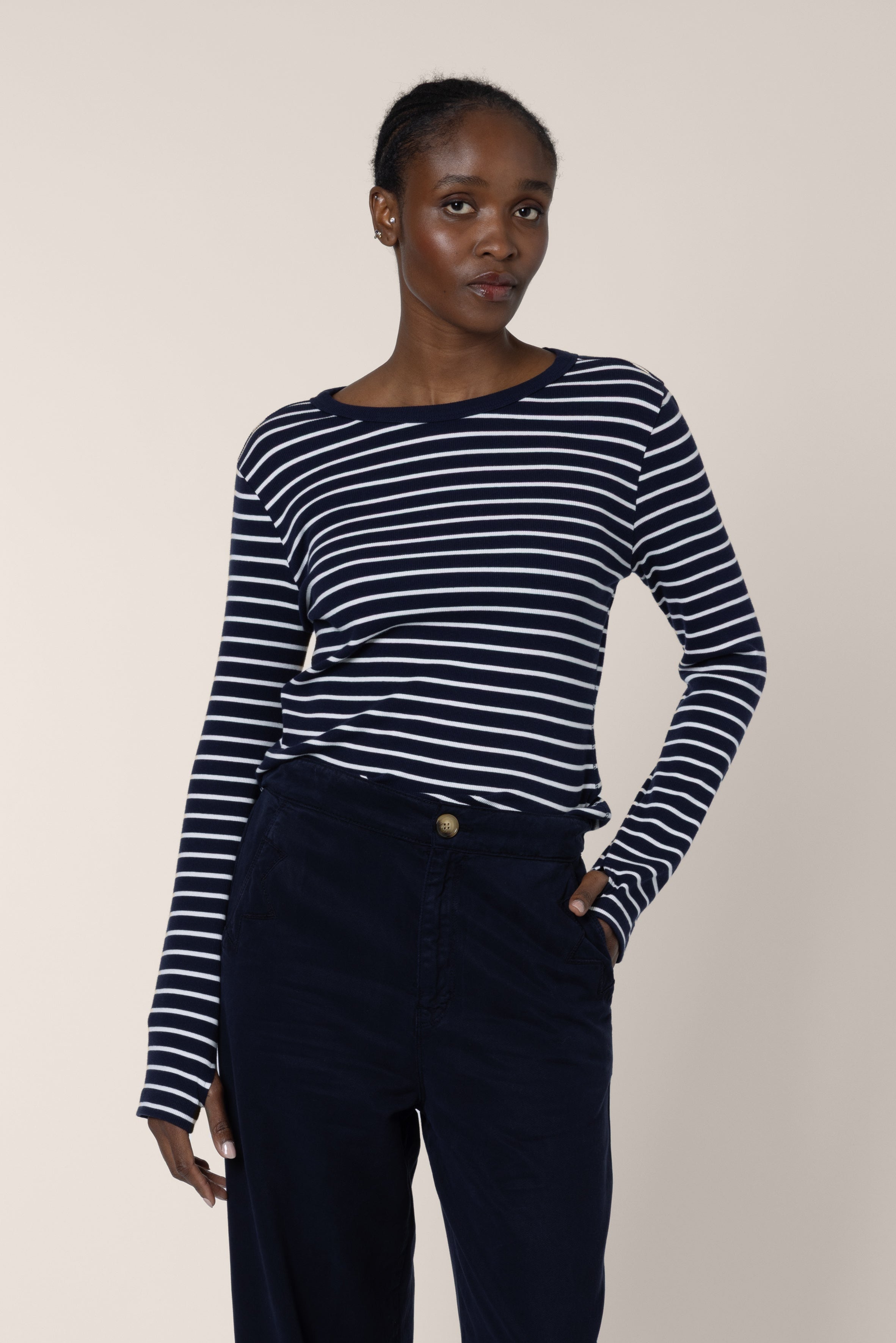Leni Long Sleeve Striped Top - navy/ivory