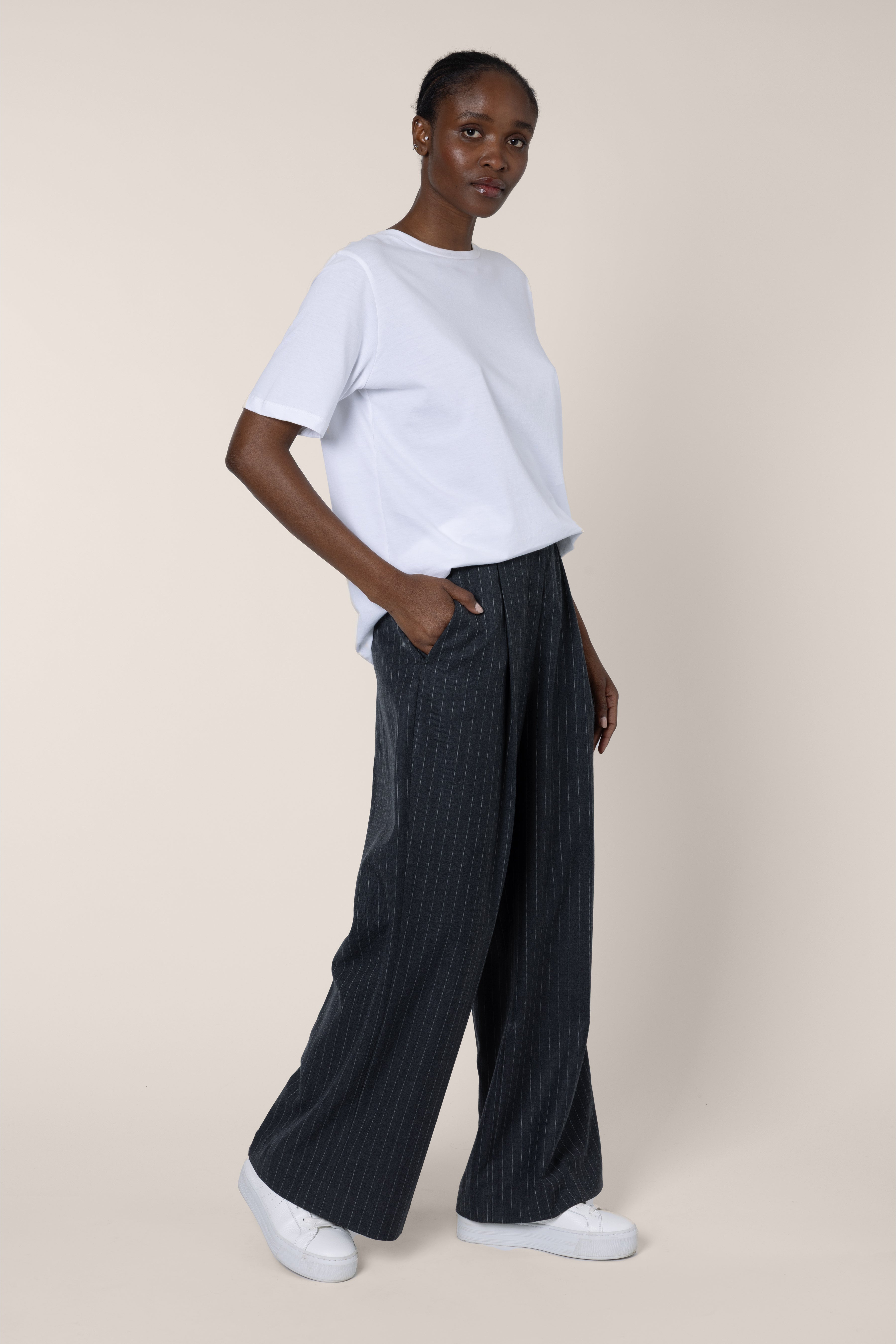 Leah Pinstripe Wide Leg Trousers Grey