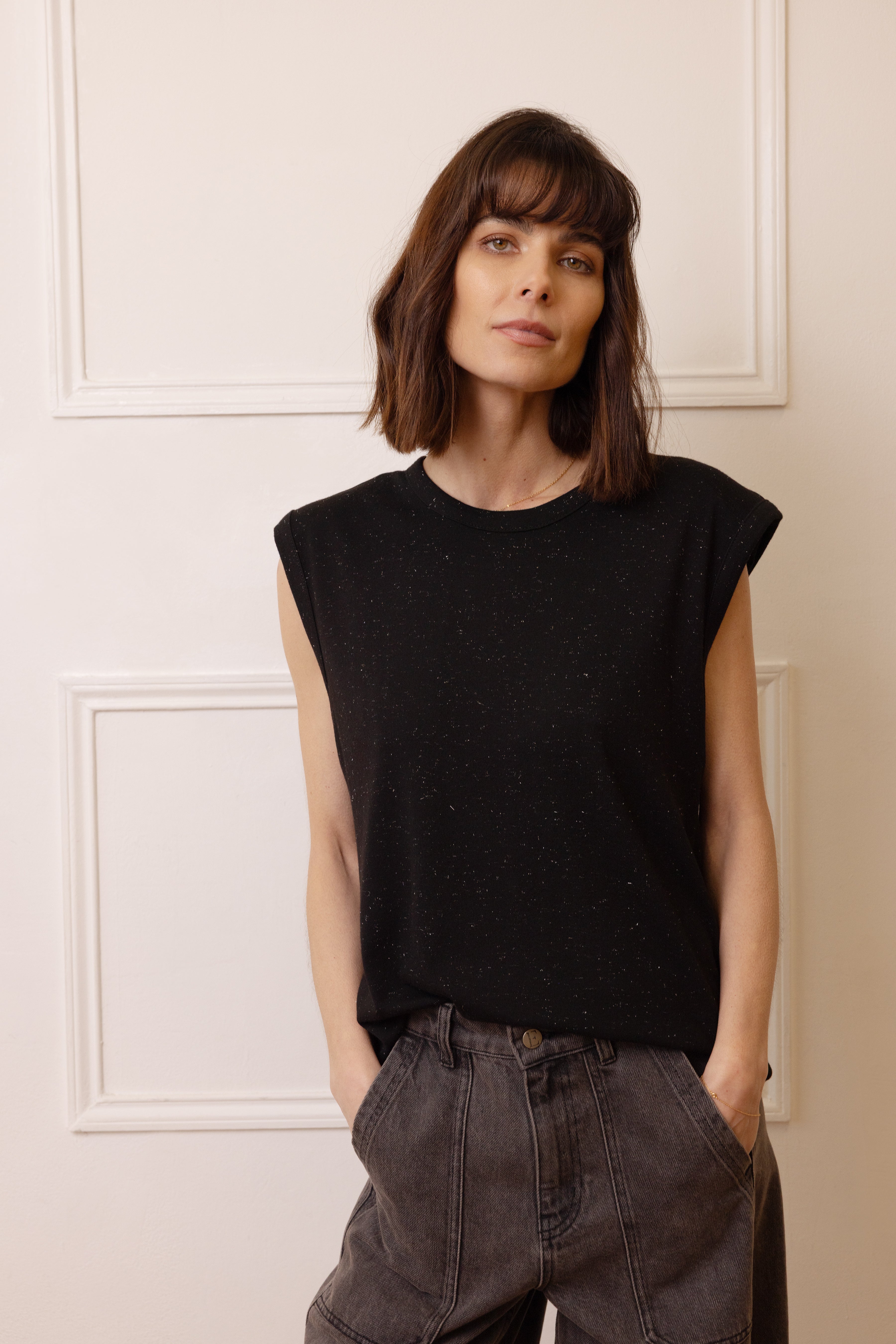 Skylar Sparkle Shoulder Pad T-Shirt - Black - Eleven Loves