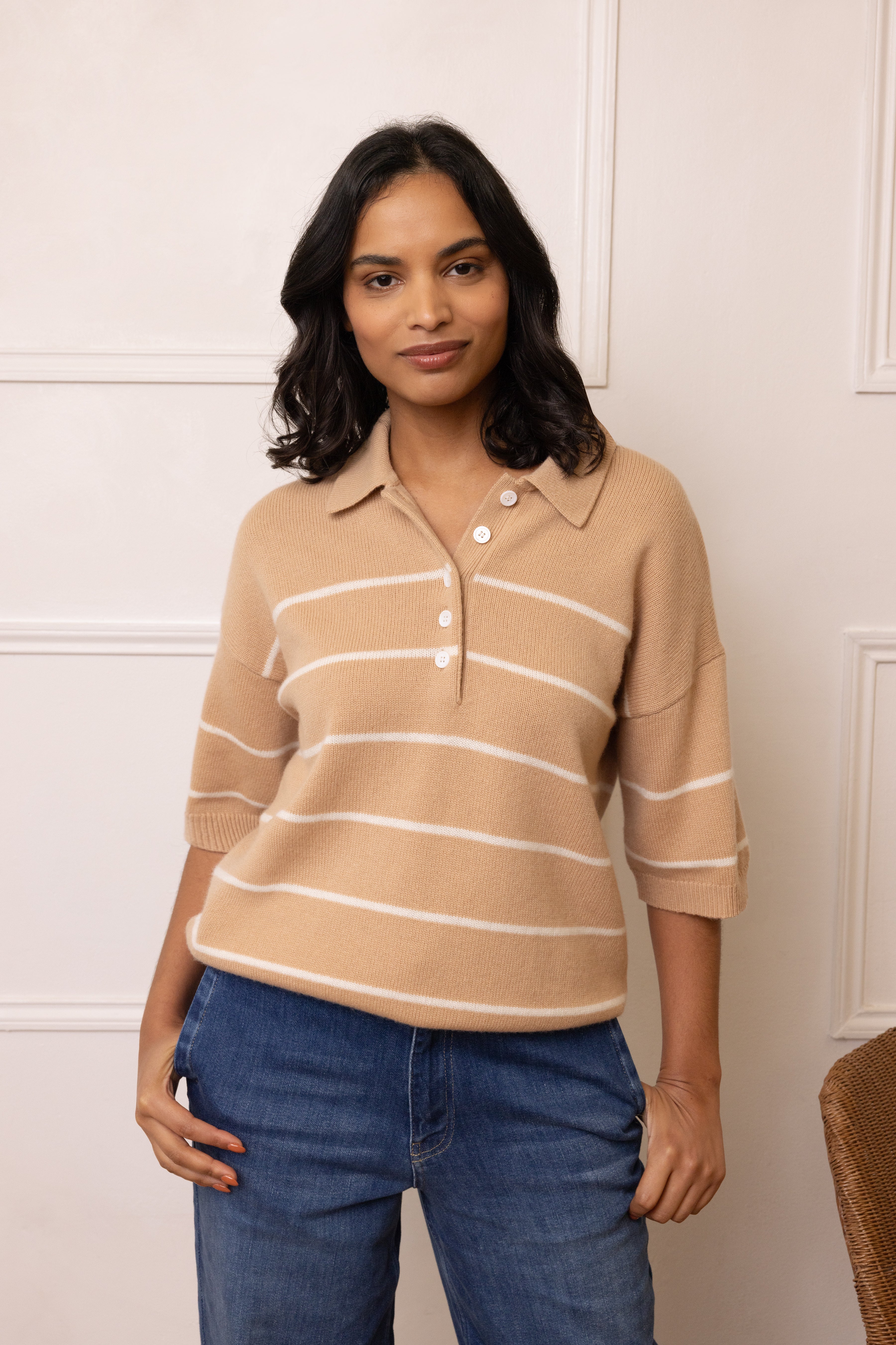 Noah Button Neck Cashmere Blend Jumper - Cappucino/Ivory Stripe
