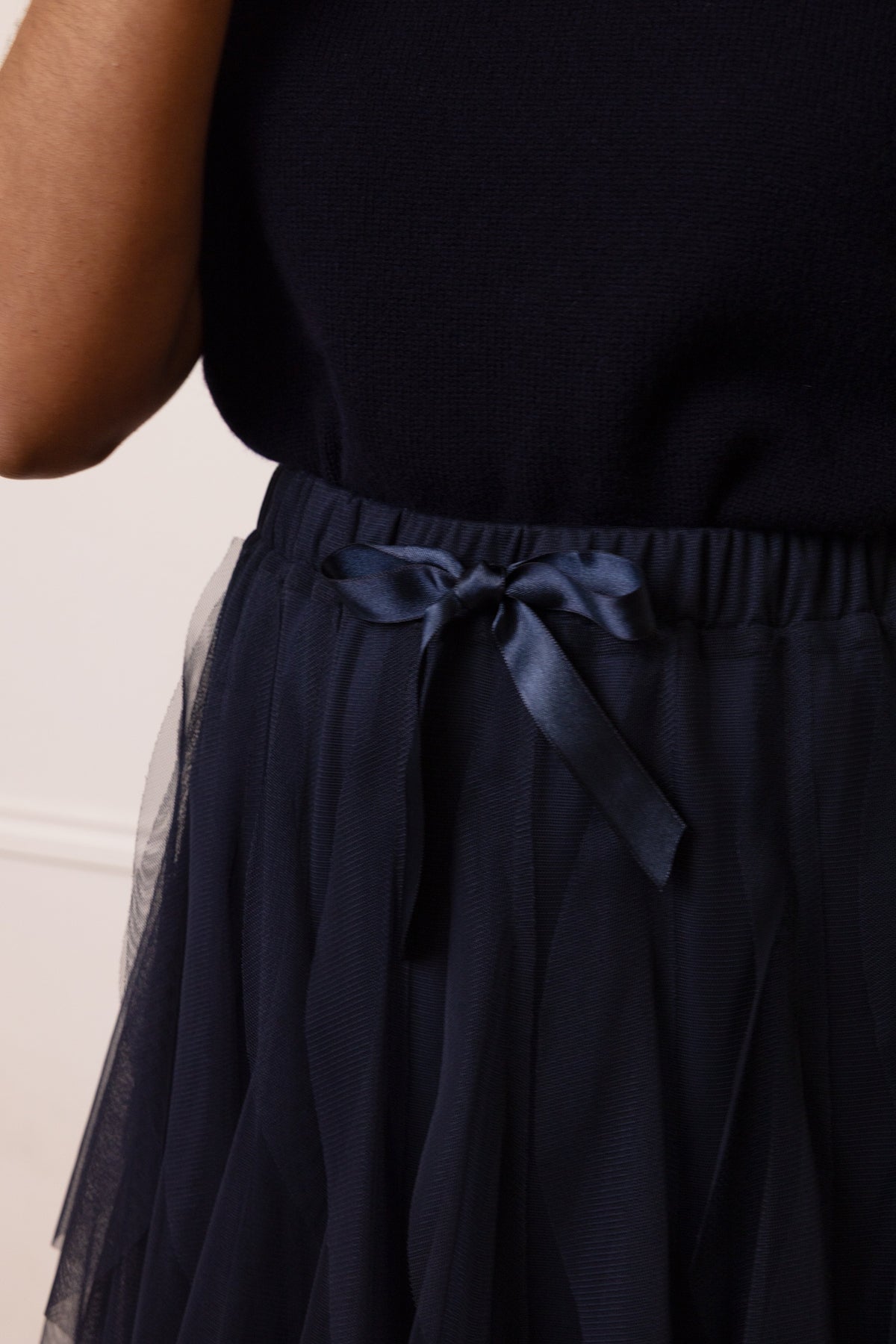 Navy tulle maxi skirt with layered waterfall drape, Eleven Loves