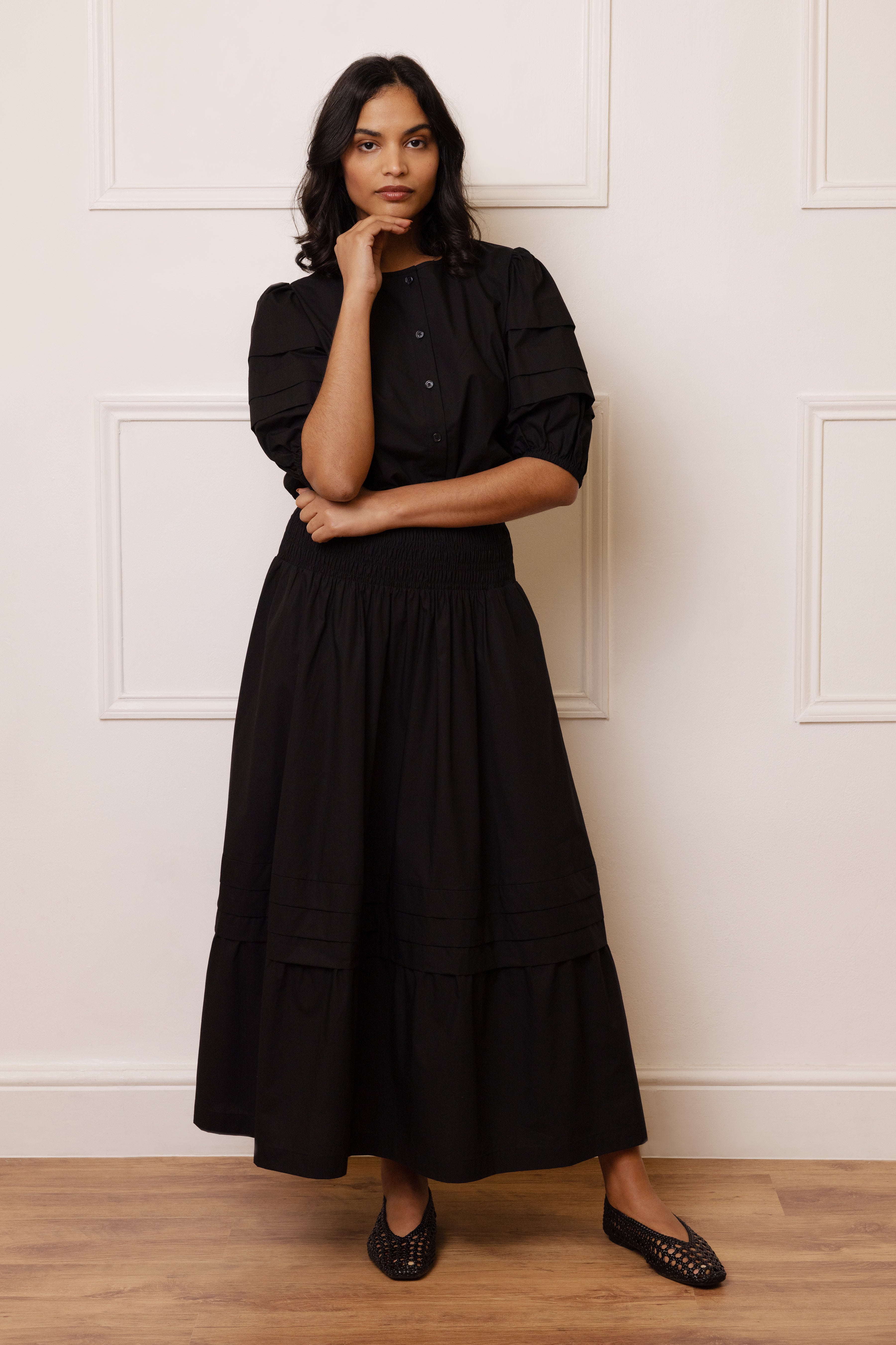 Sabina Shirred Waist Midi Skirt - Black - Eleven Loves