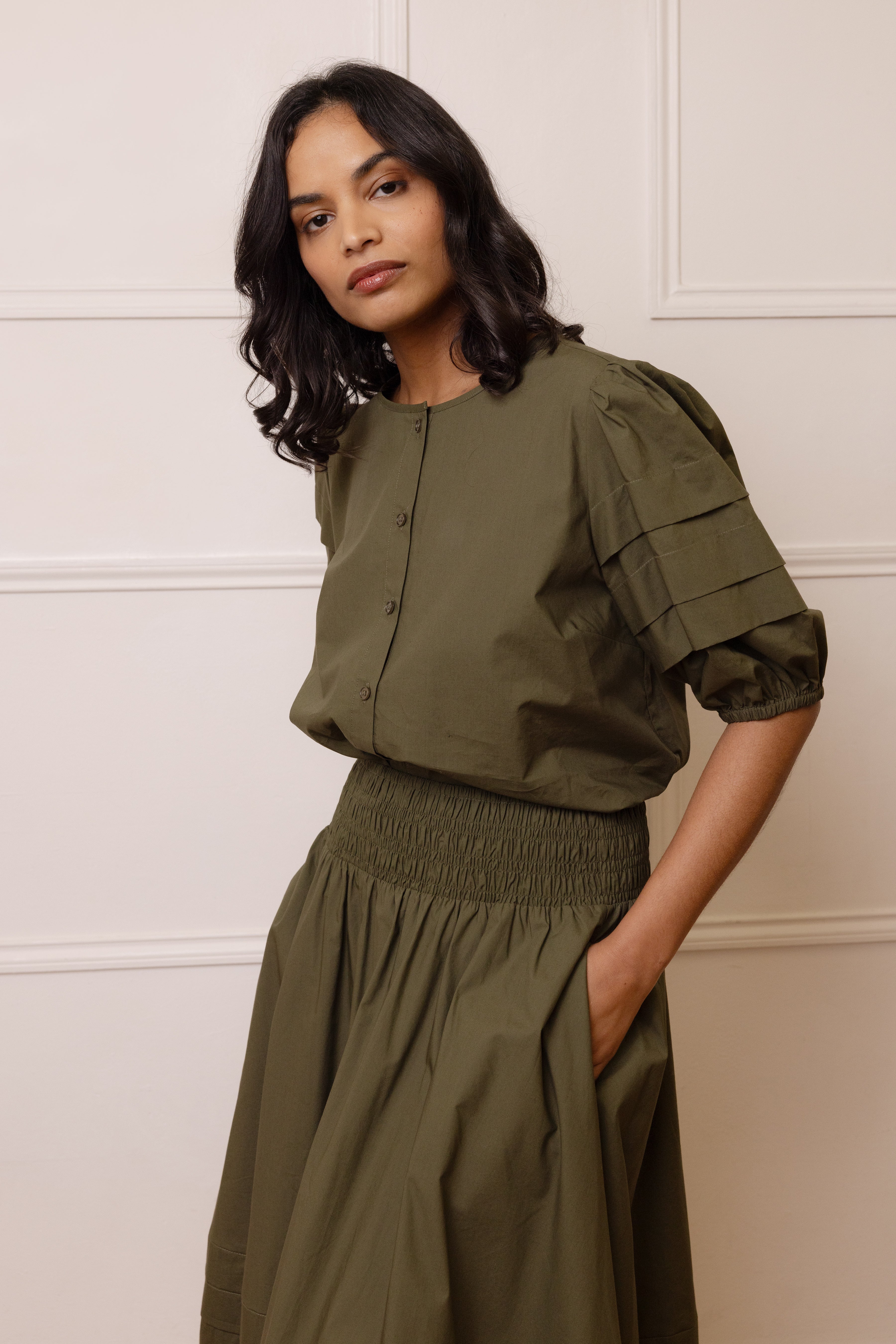 Sophia Pin Tuck Shirt - Olive - Eleven Loves