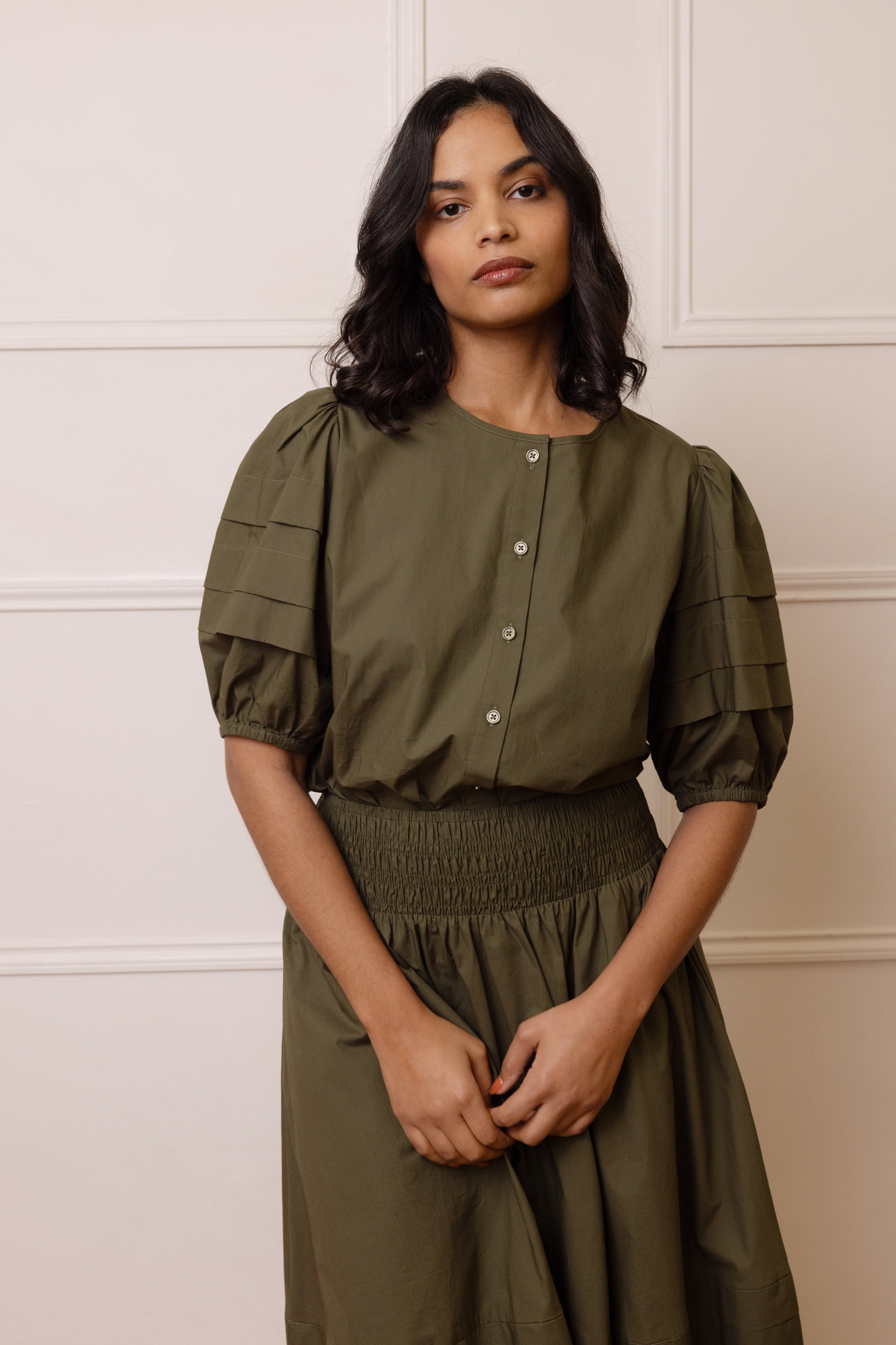 Sabina Shirred Waist Midi Skirt - Olive - Eleven Loves