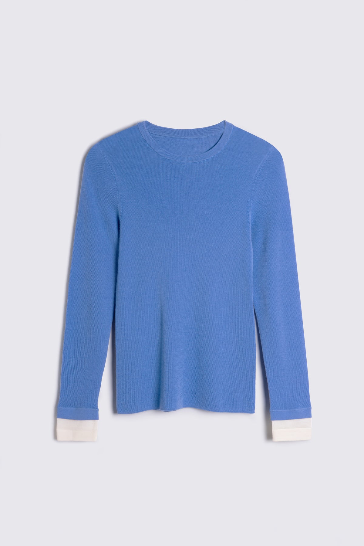 Sky blue jumper for women, the Trinny fine merino crewneck with an ivory contrast cuff