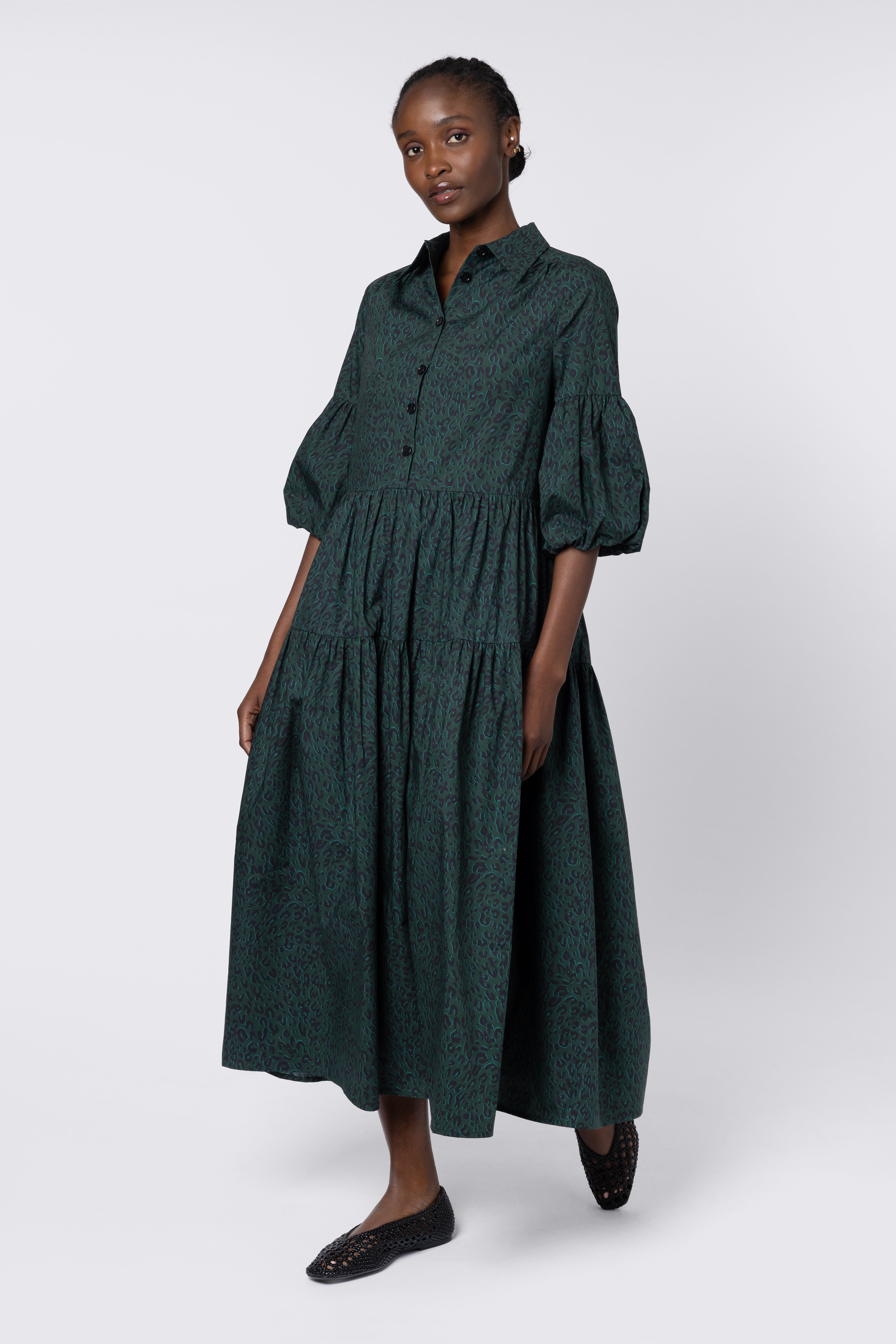 Elise Balloon Sleeve Dress - Teal Leopard