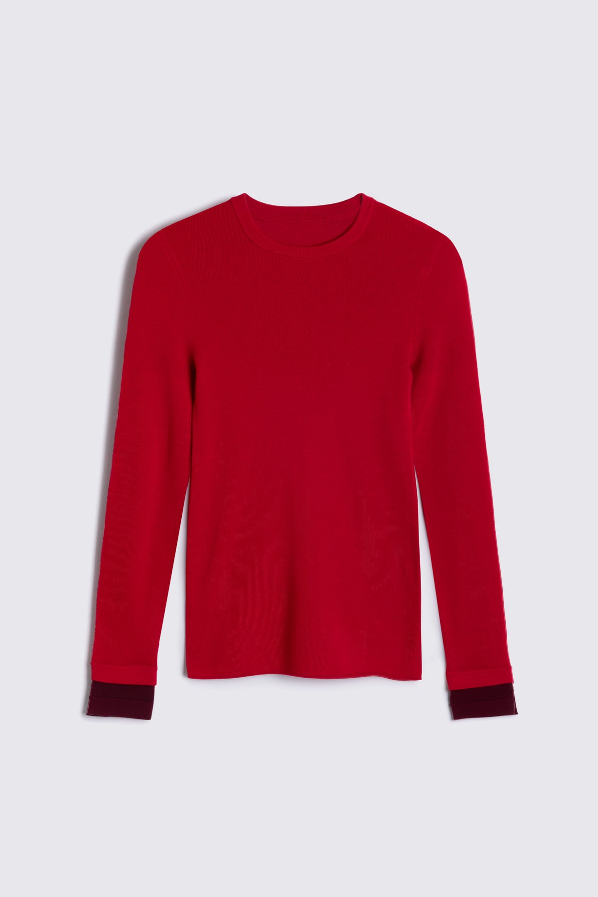 Red jumper for women, the Trinny fine merino crewneck with a burgundy contrast cuff