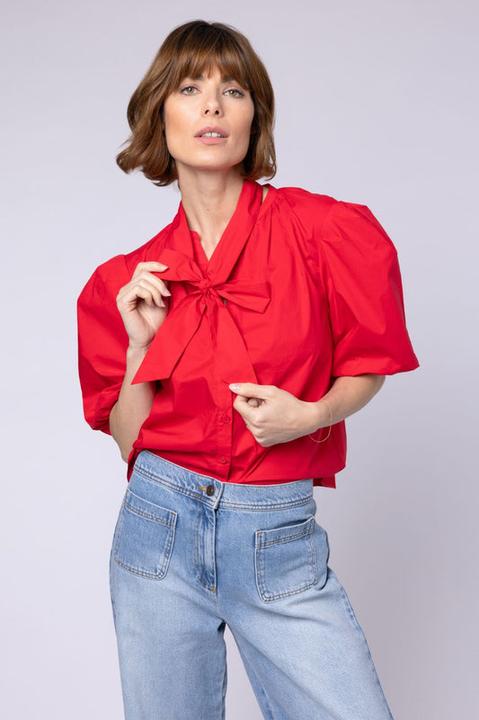 poppy puff sleeve top red puff sleeve womens blouse red tie neck womens blouse button up blouse ellen loves eleven loves 11loves sustainbable