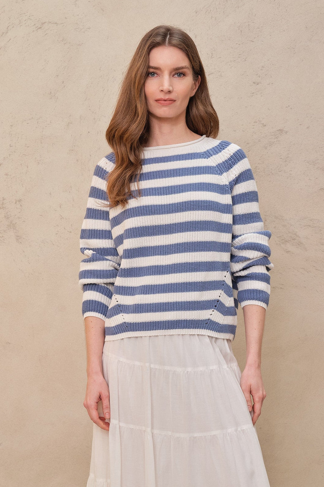 Polly Pointelle Jumper - Blue/White Stripe