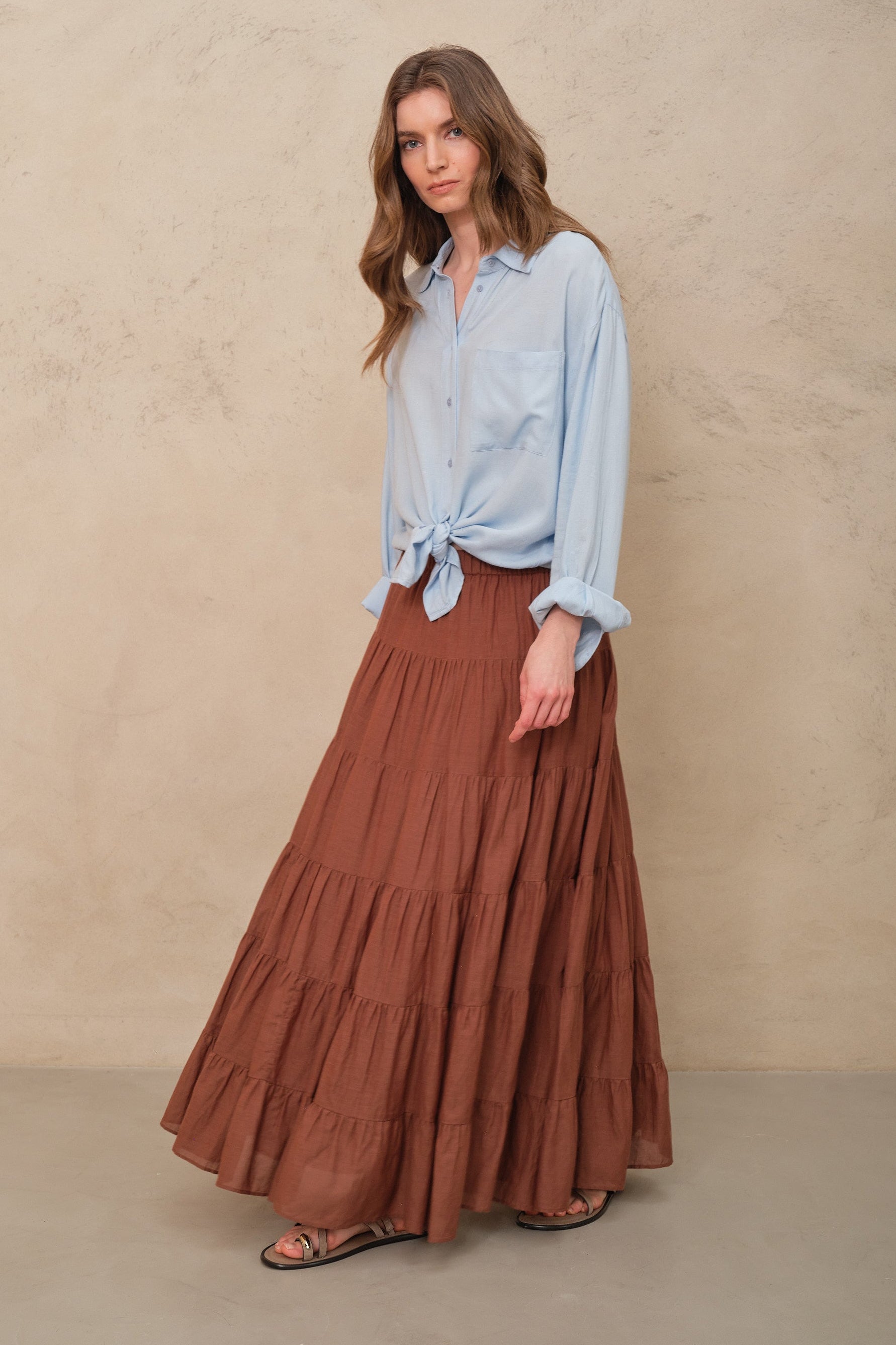 Tia Tiered Cotton Maxi Skirt - Gingerbread