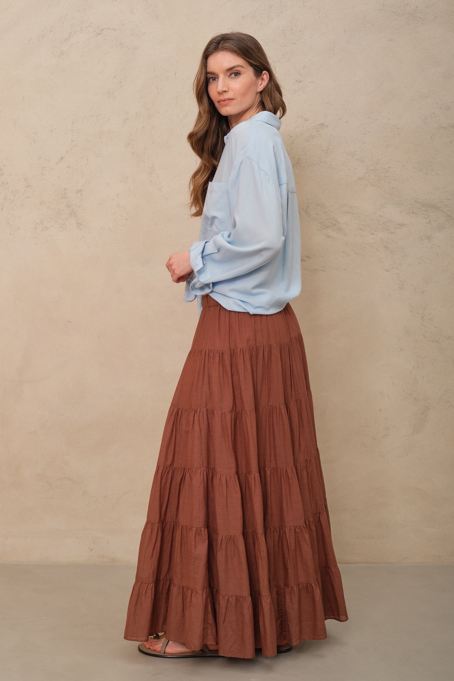 Tia Tiered Cotton Maxi Skirt - Gingerbread
