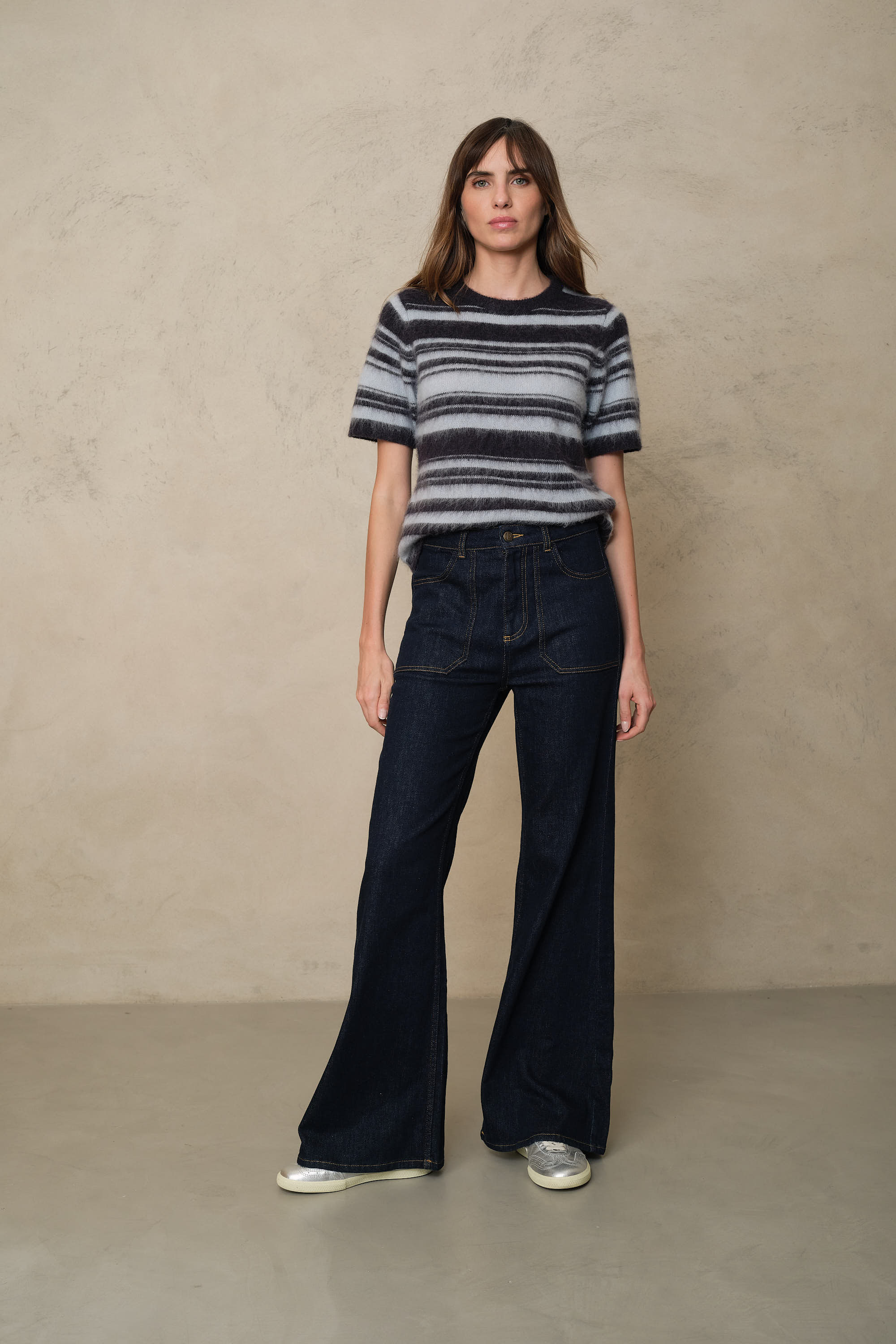 Cora Alpaca Blend Short Sleeve Striped Jumper - Charcoal/Sky Blue