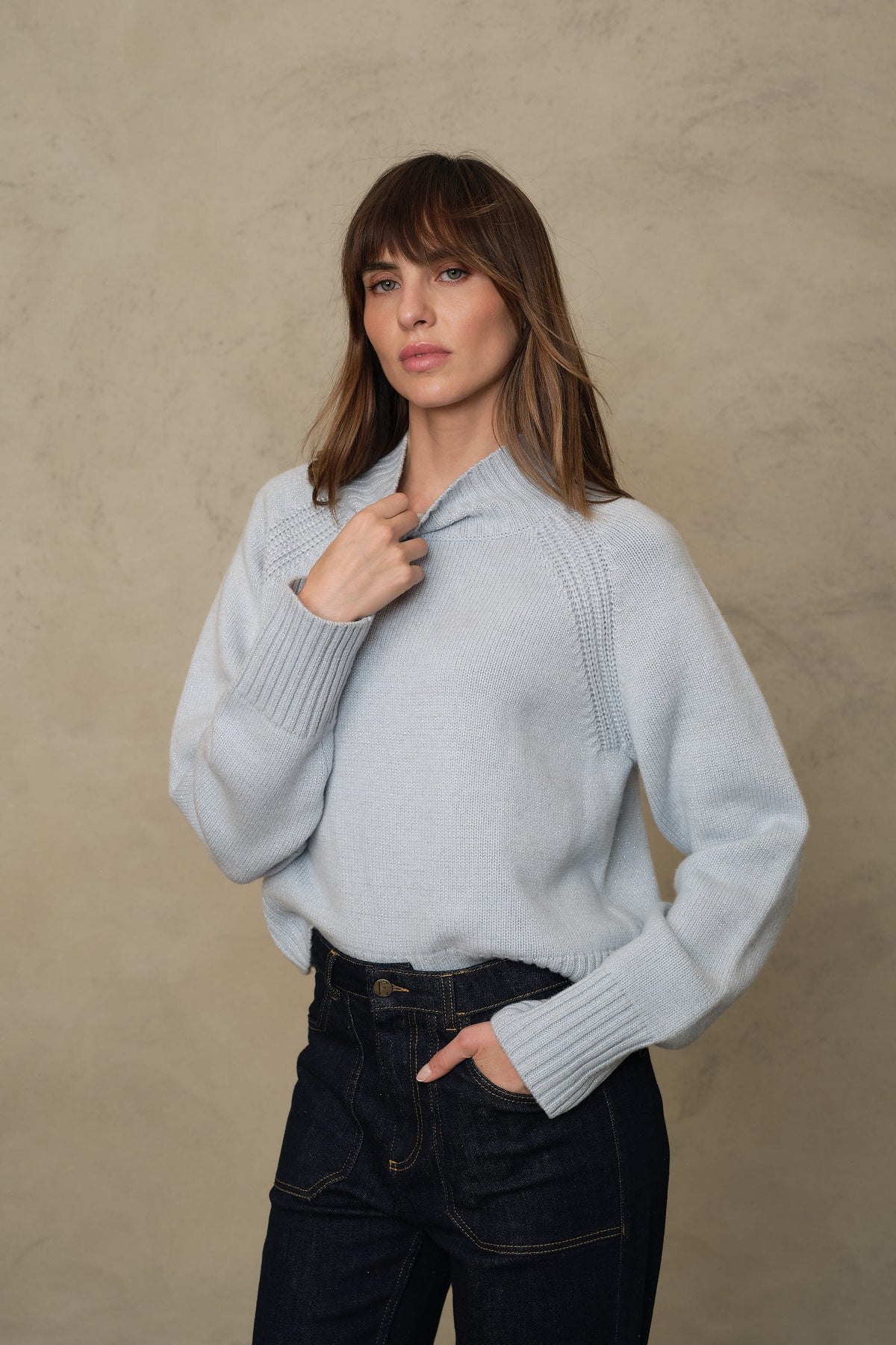 Blythe funnel neck cropped jumper in ice blue sparkle