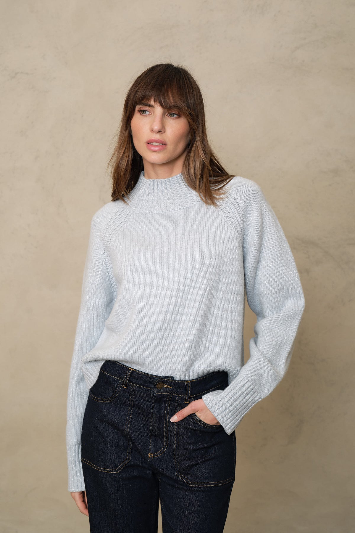 Blythe funnel neck cropped jumper in ice blue sparkle