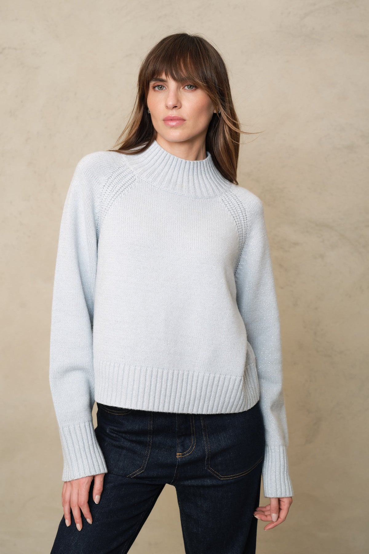 Blythe funnel neck cropped jumper in ice blue sparkle