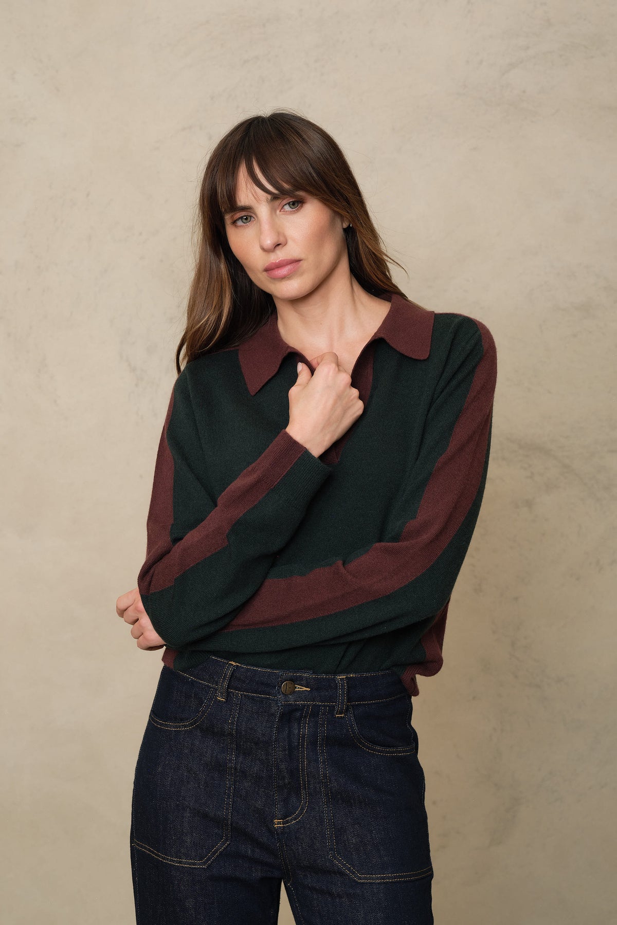 Tria Notch Collar Cashmere Blend Jumper - Bottle Green