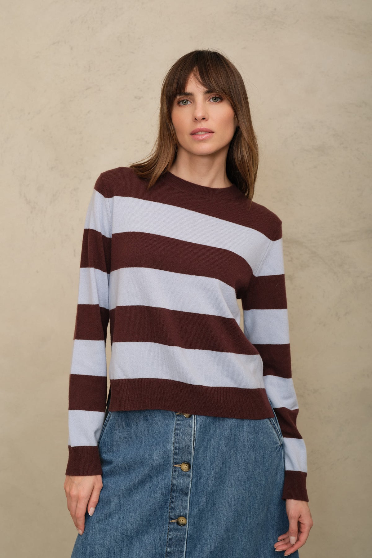 Camille cashmere blend striped jumper in sky blue and burgundy