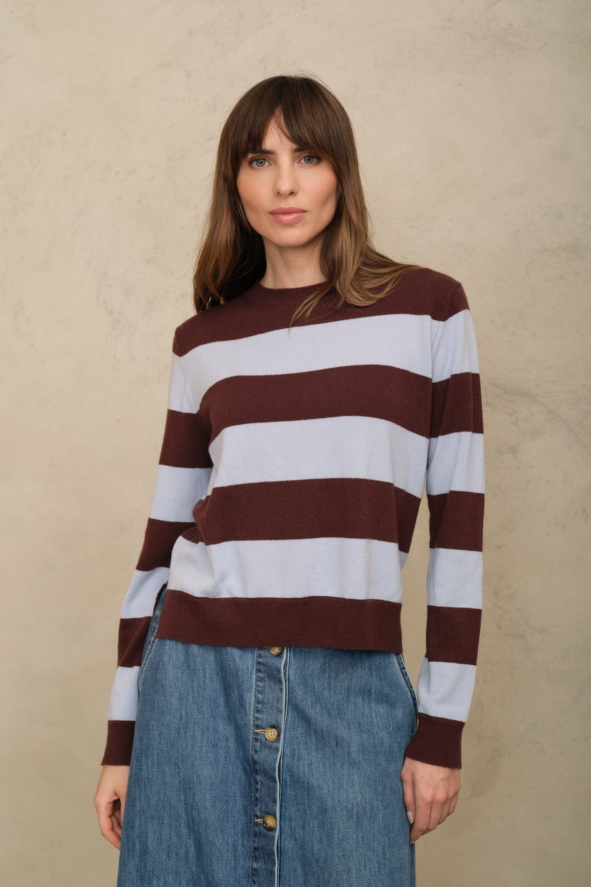 Camille cashmere blend striped jumper in sky blue and burgundy
