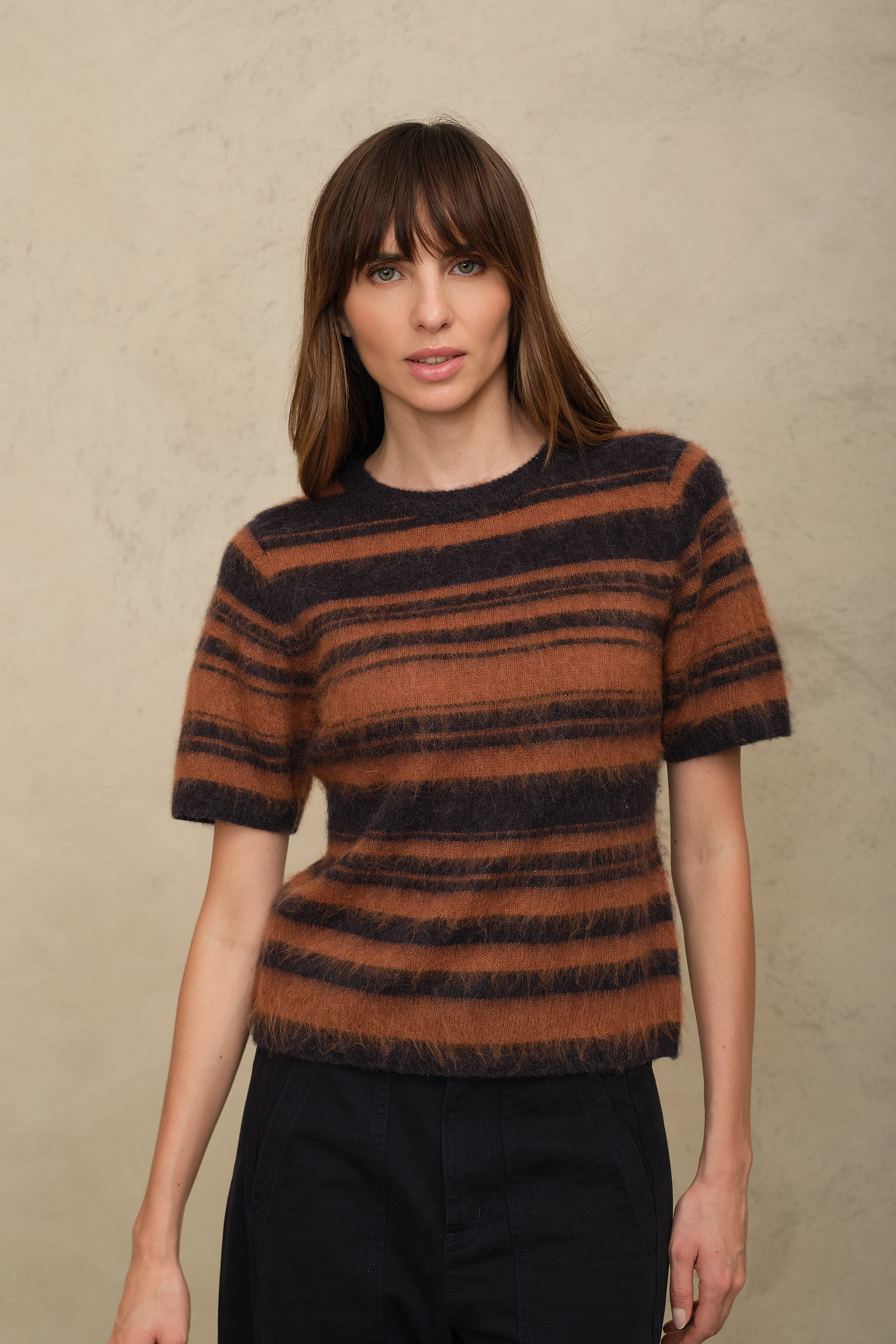 Cora Alpaca Blend Short Sleeve Striped Jumper - Gingerbread/Charcoal