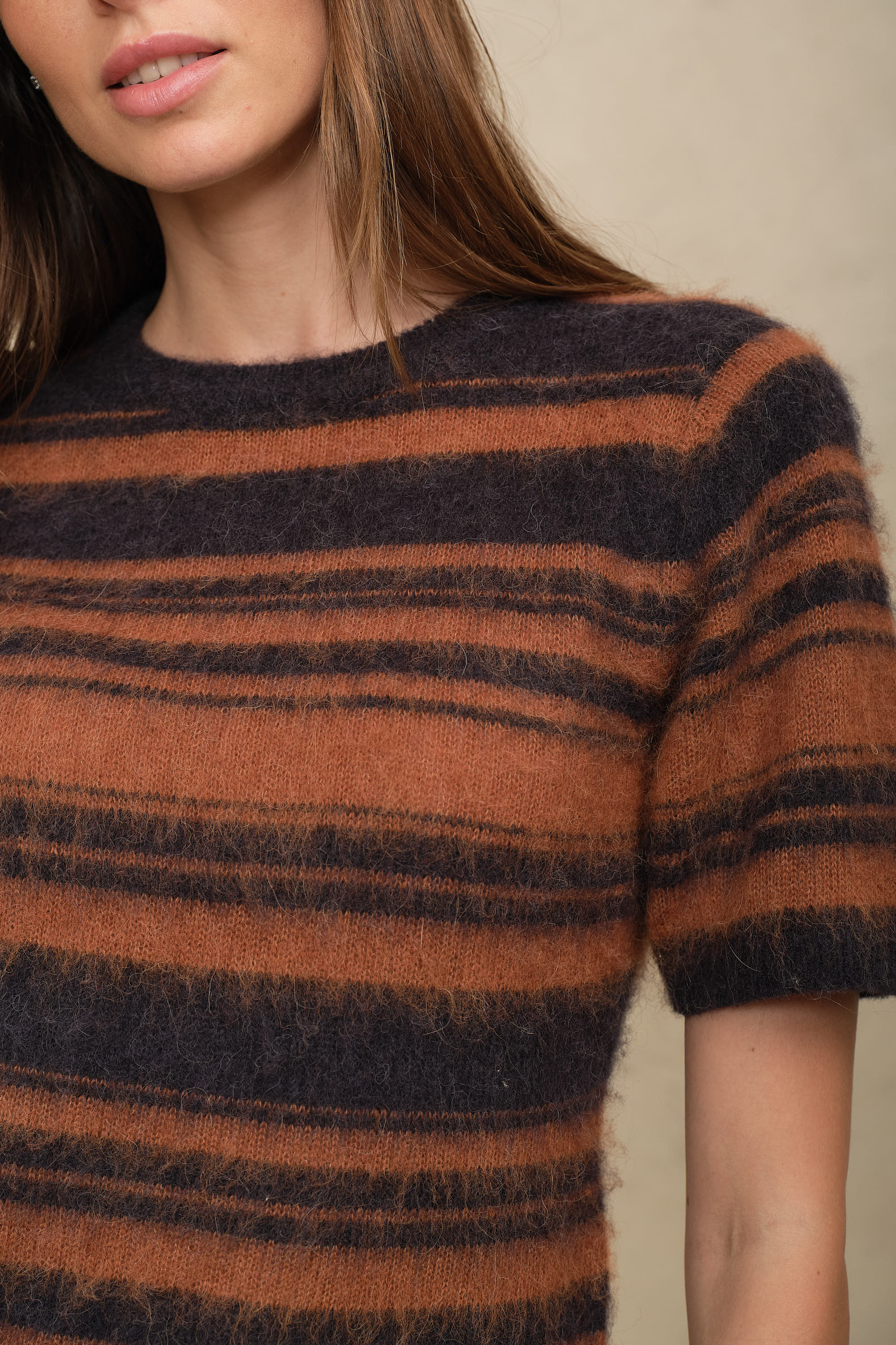 Cora Alpaca Blend Short Sleeve Striped Jumper - Gingerbread/Charcoal