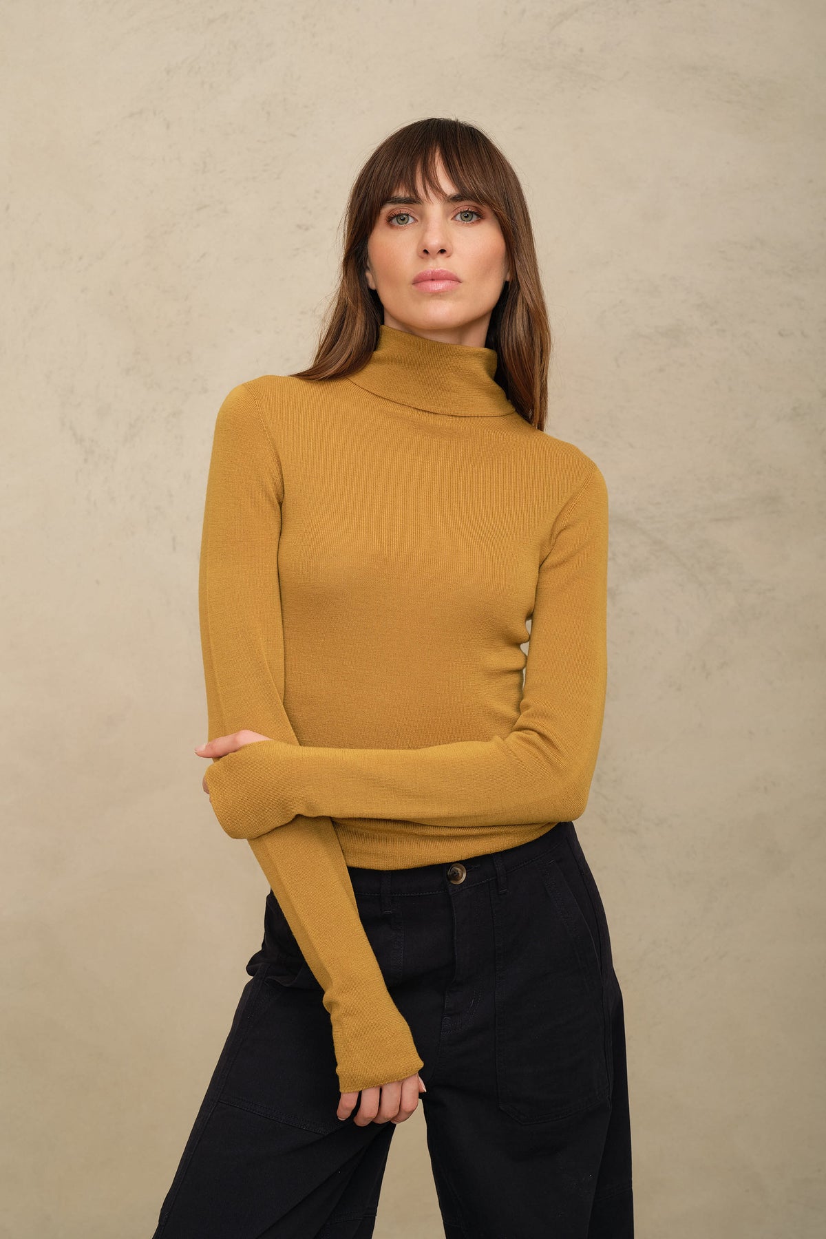 Gwyneth fine merino roll neck in mustard