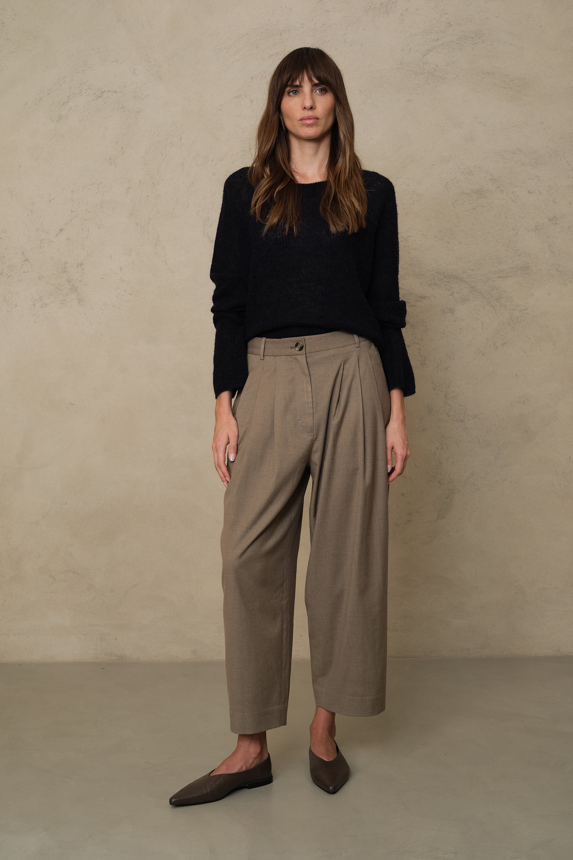 Taupe pleat front trousers in a soft beige, worn with a navy knit and taupe pointed flats