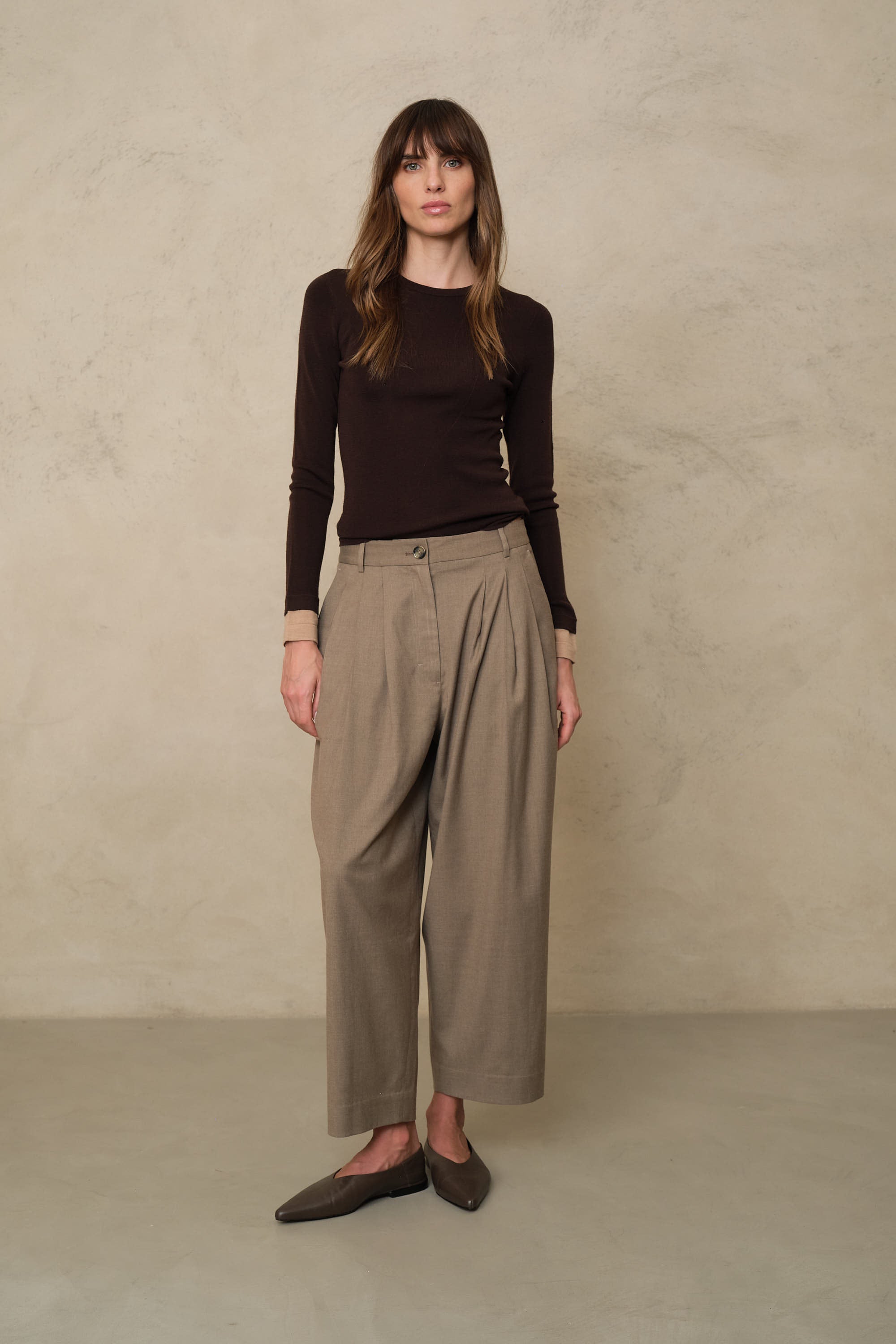 Beige trousers with front pleats and a cropped hem, worn with a chocolate fine knit and pointed flats