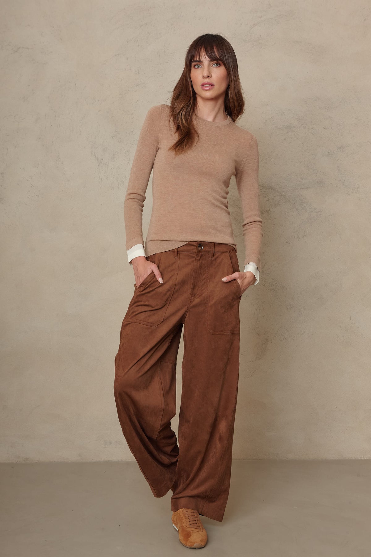 Trinny fine merino crewneck in camel with an ivory sleeve