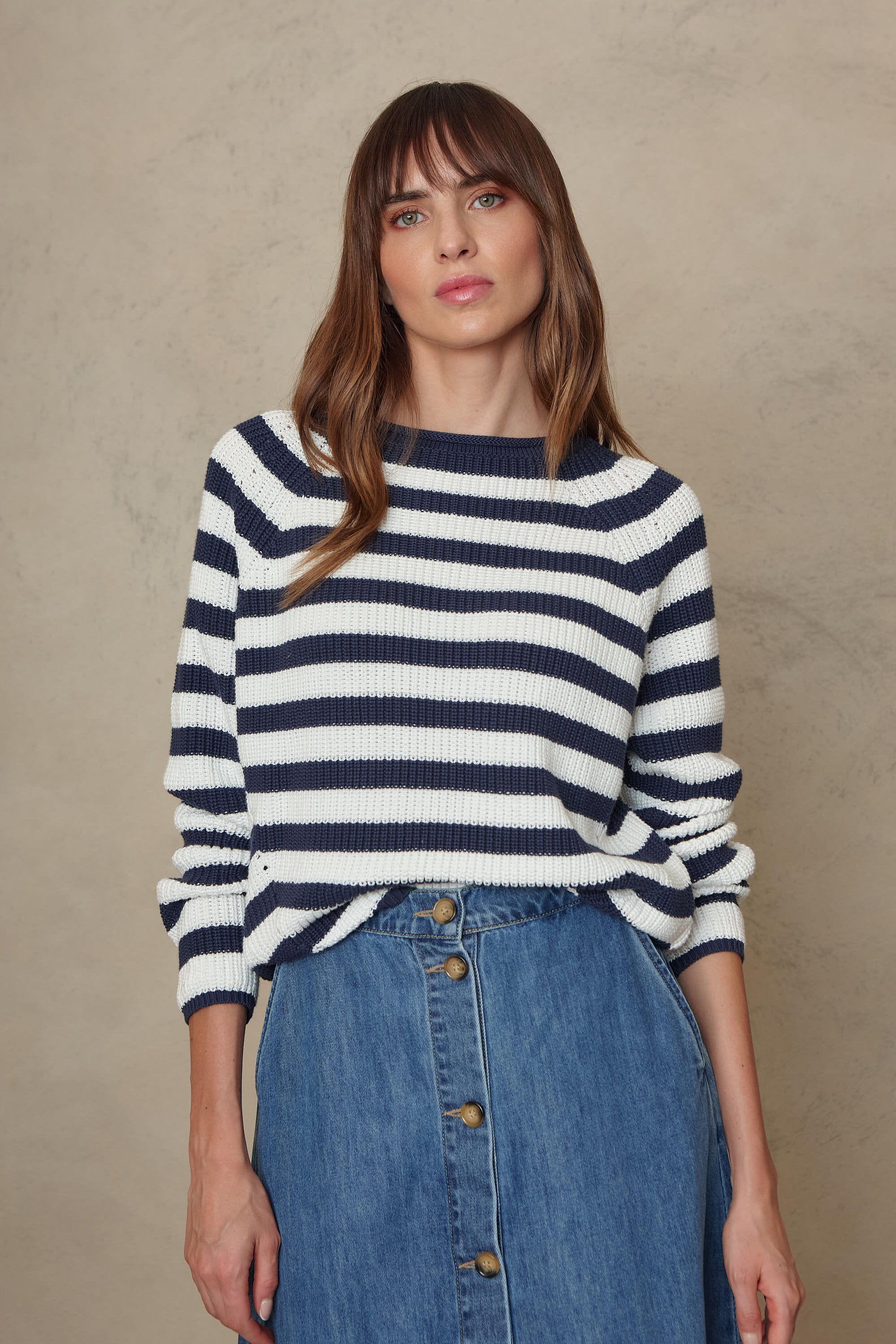 Polly navy striped pointelle jumper styled with the Imogen denim skirt, front view