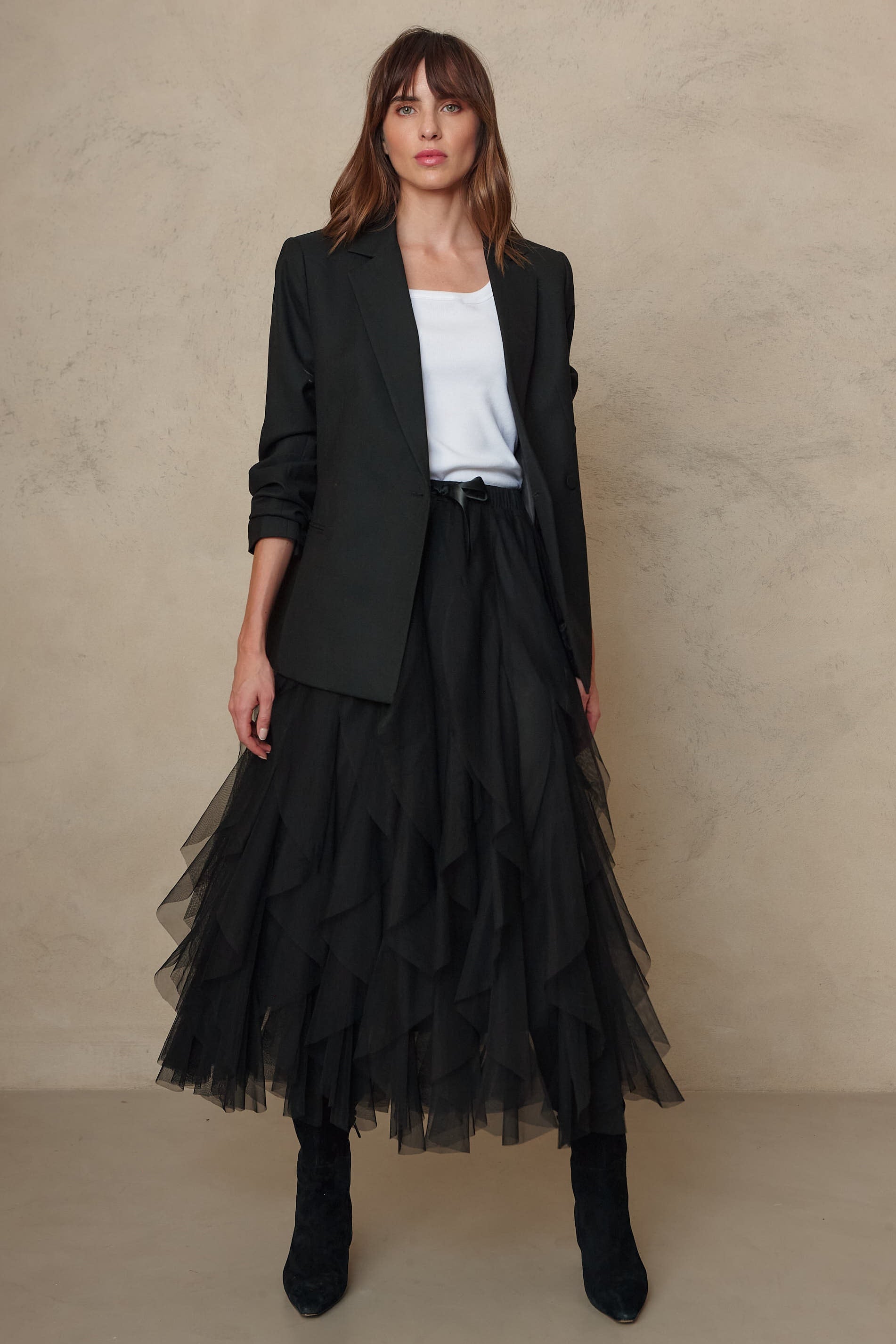 Josephine black wool blend blazer with a white top and black tiered tulle skirt