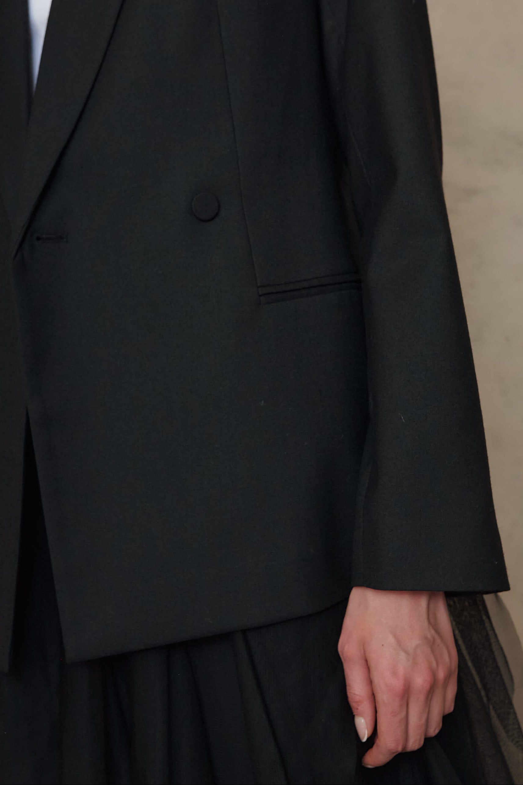 Josephine black wool blend blazer double breasted button and pocket detail, close up