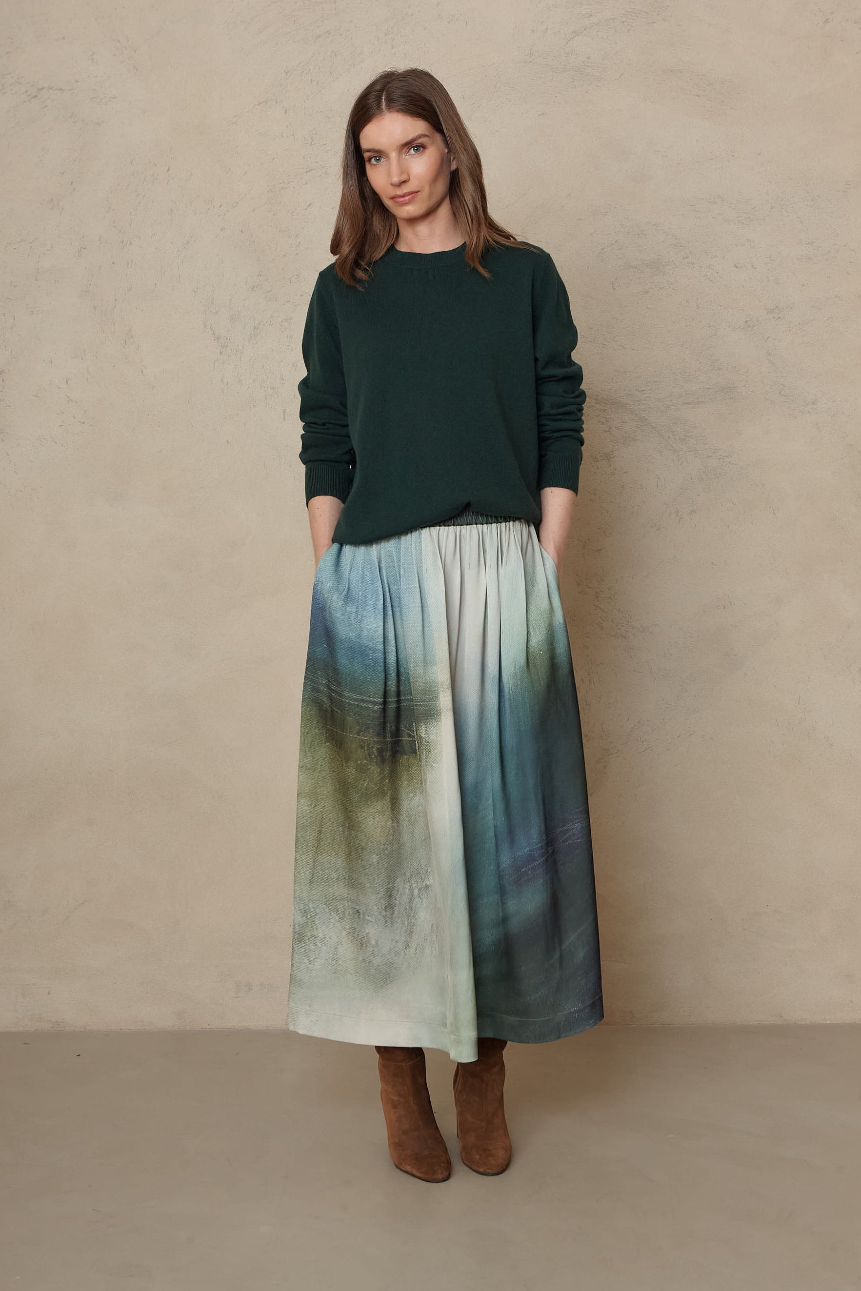 Green abstract printed midaxi skirt, the Saffy by Eleven Loves