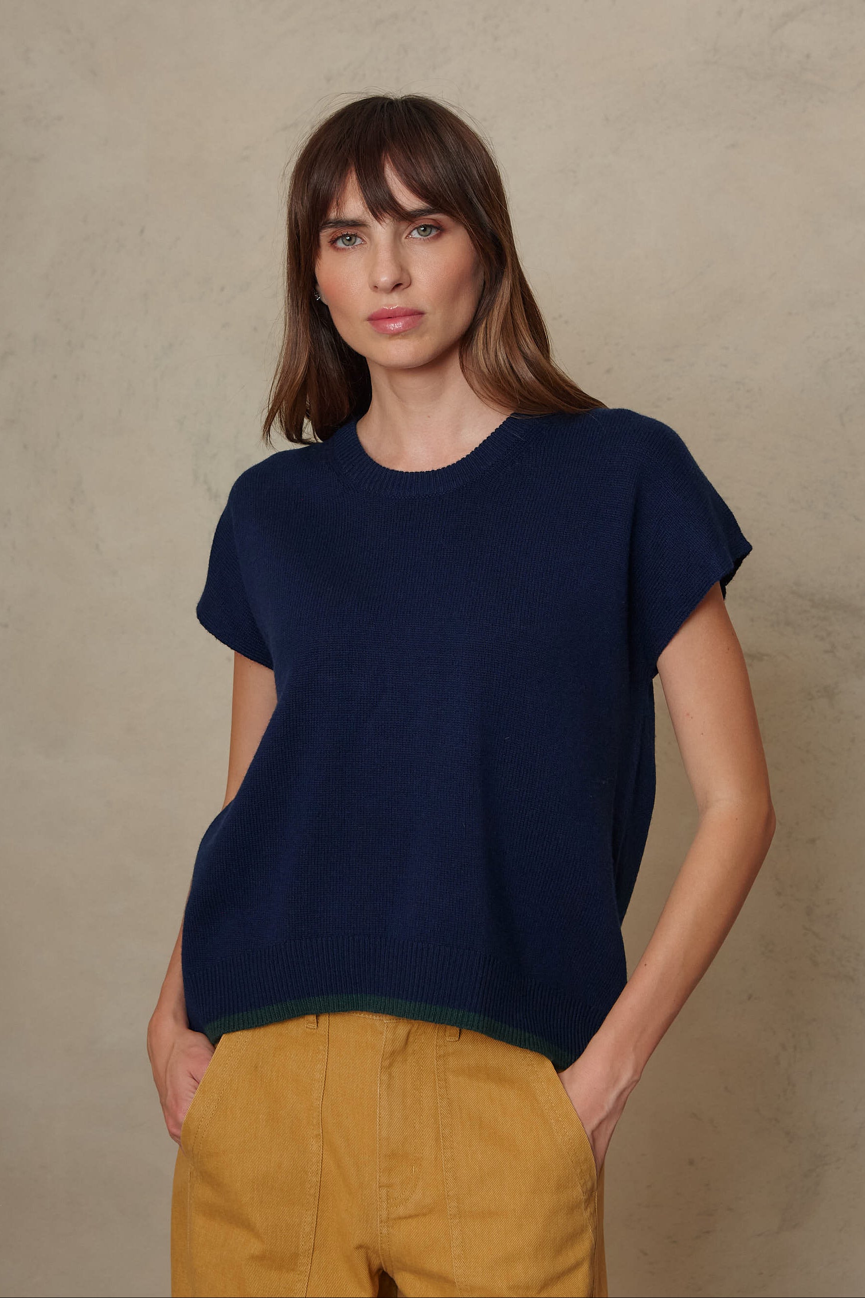 Ora knitted vest in navy, a sleeveless wool and cashmere tank with a dropped shoulder