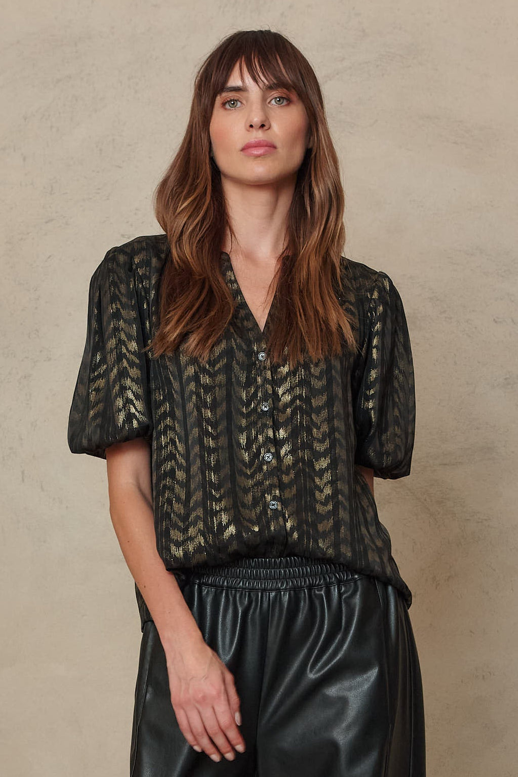 Poppy Puff Sleeve Blouse - Black/Gold