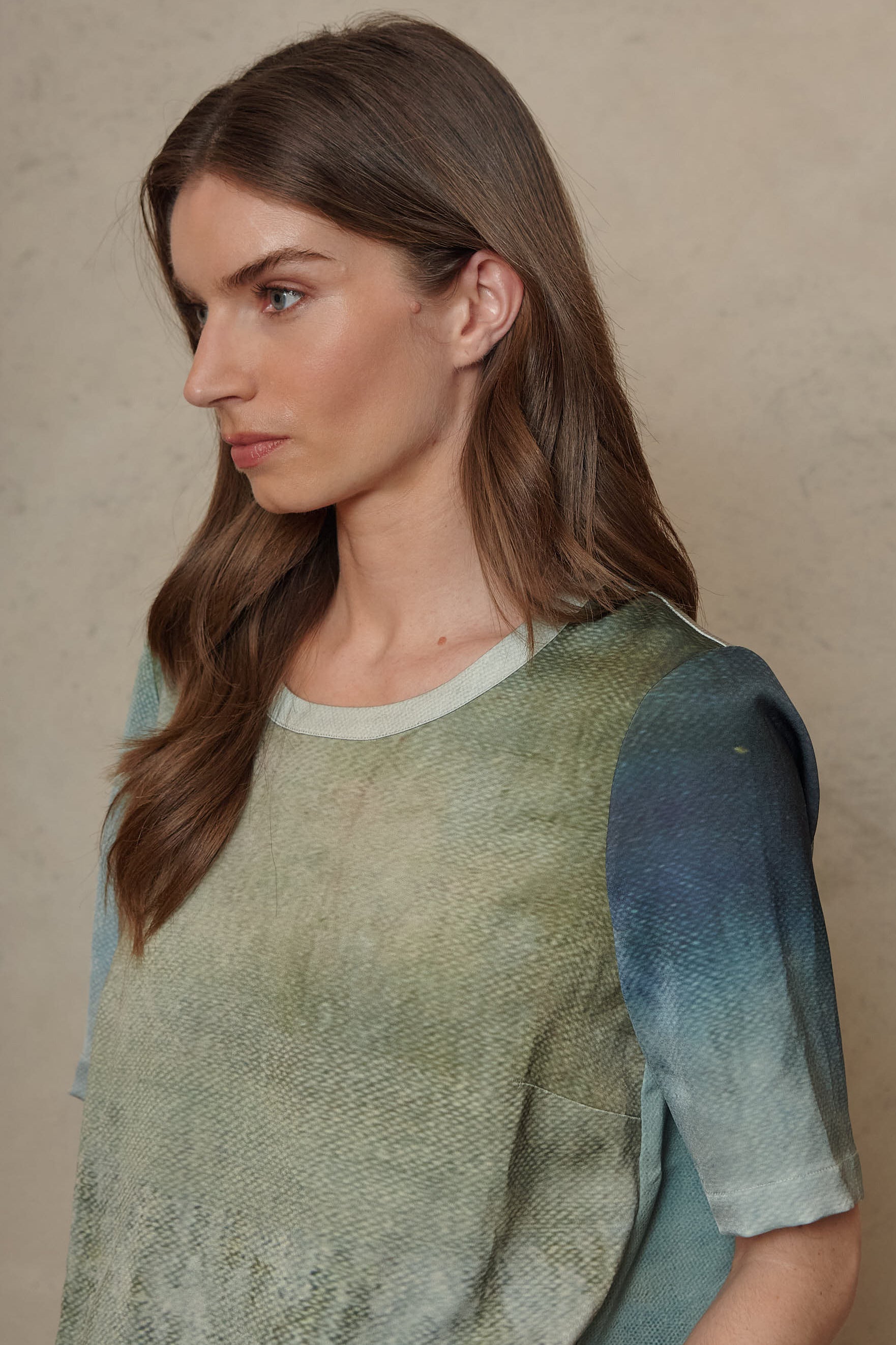 Green abstract print satin t shirt, the Faye by Eleven Loves