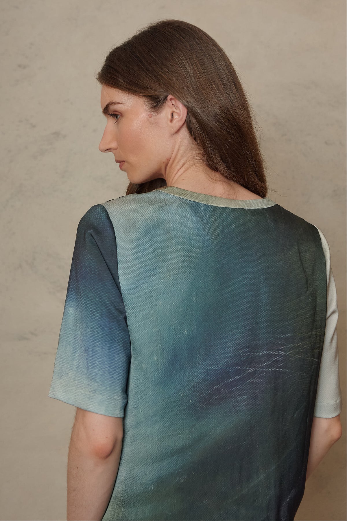 Faye printed satin t shirt, a fluid green satin top with a silky handfeel