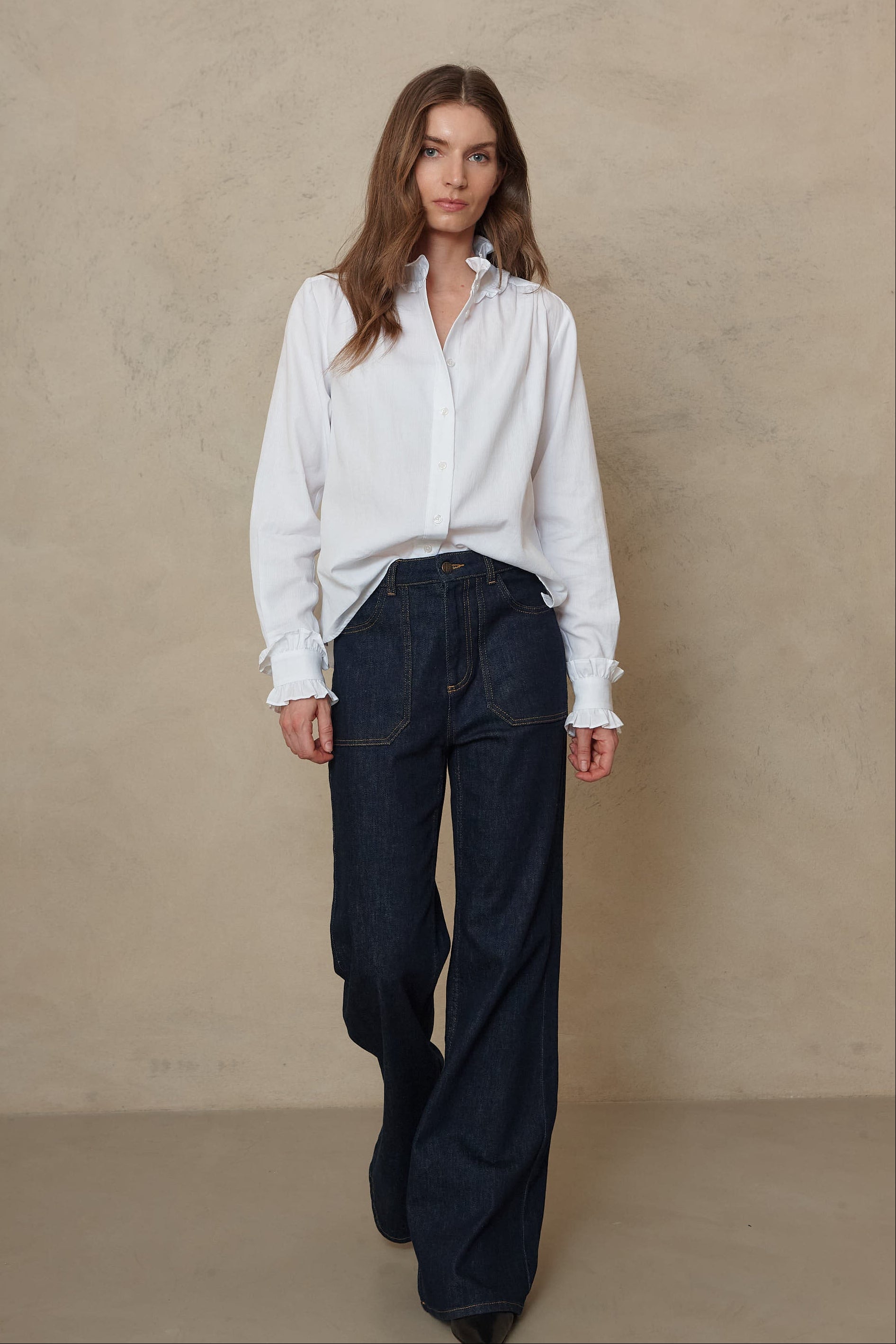 Posy ruffle collar shirt styled with dark rinse wide leg jeans for an easy everyday look