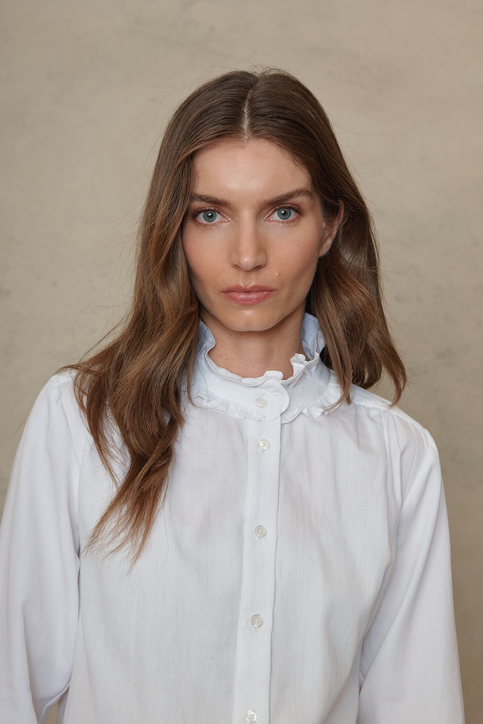 Close view of the statement frill collar on the Posy ruffle collar shirt in soft brushed cotton