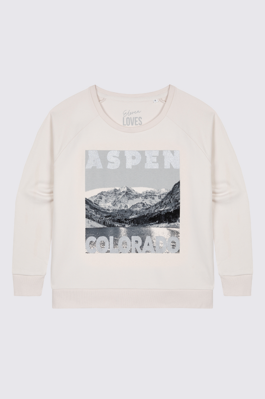 Aspen Colorado sweatshirt vintage white image sweatshirt winter theme sweatshirt autumn winter fashion sustainable ellen loves eleven loves 11loves