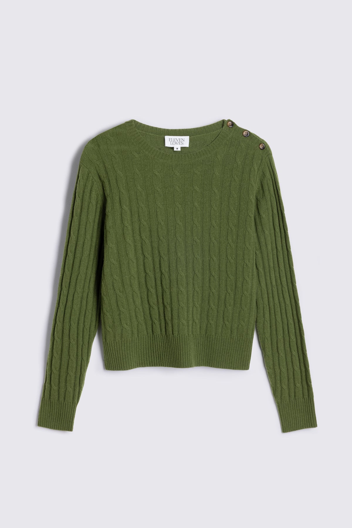 Cory cable knit jumper in light olive, shown flat