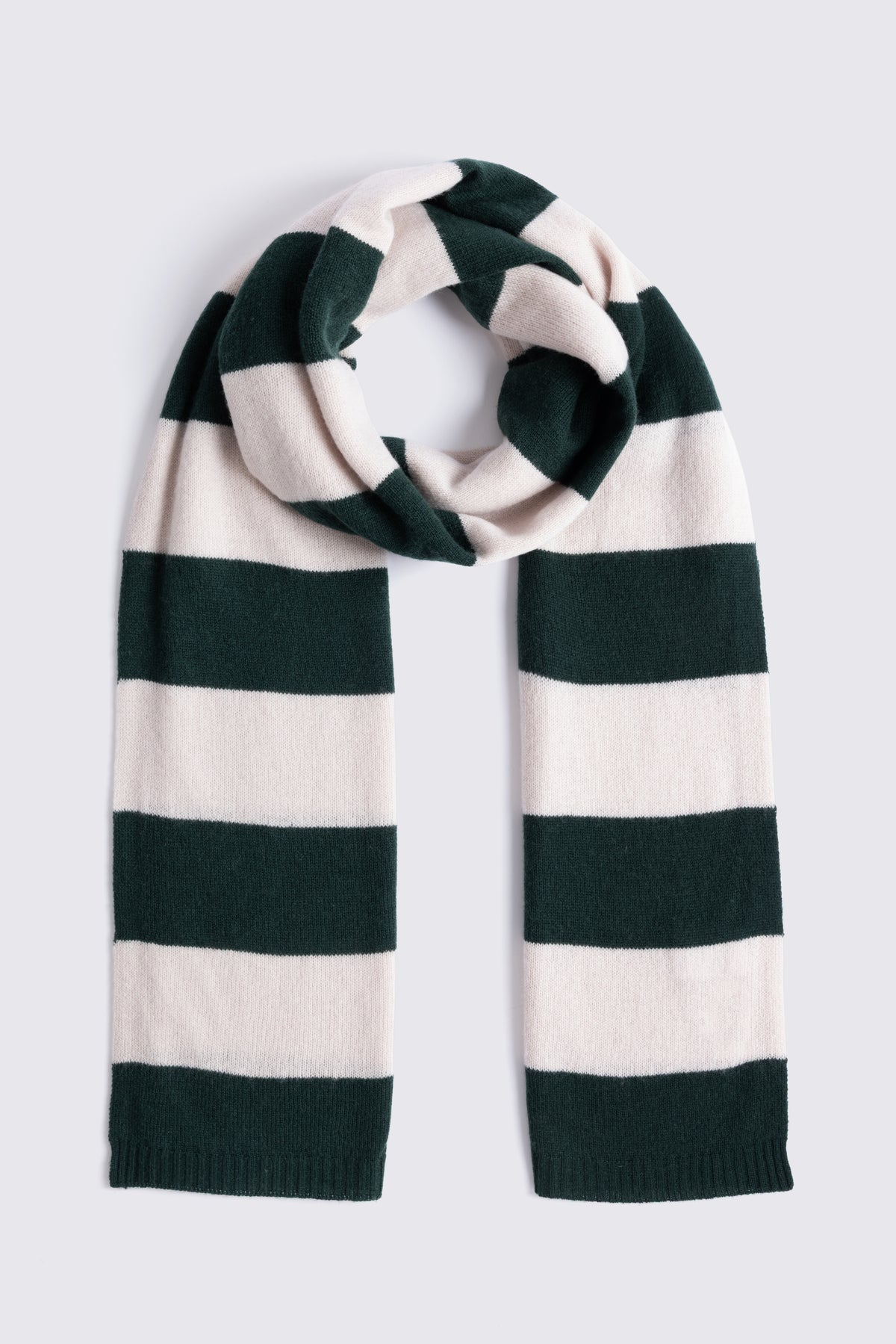 Carmel cashmere blend scarf in soft stone and bottle green block stripes laid flat
